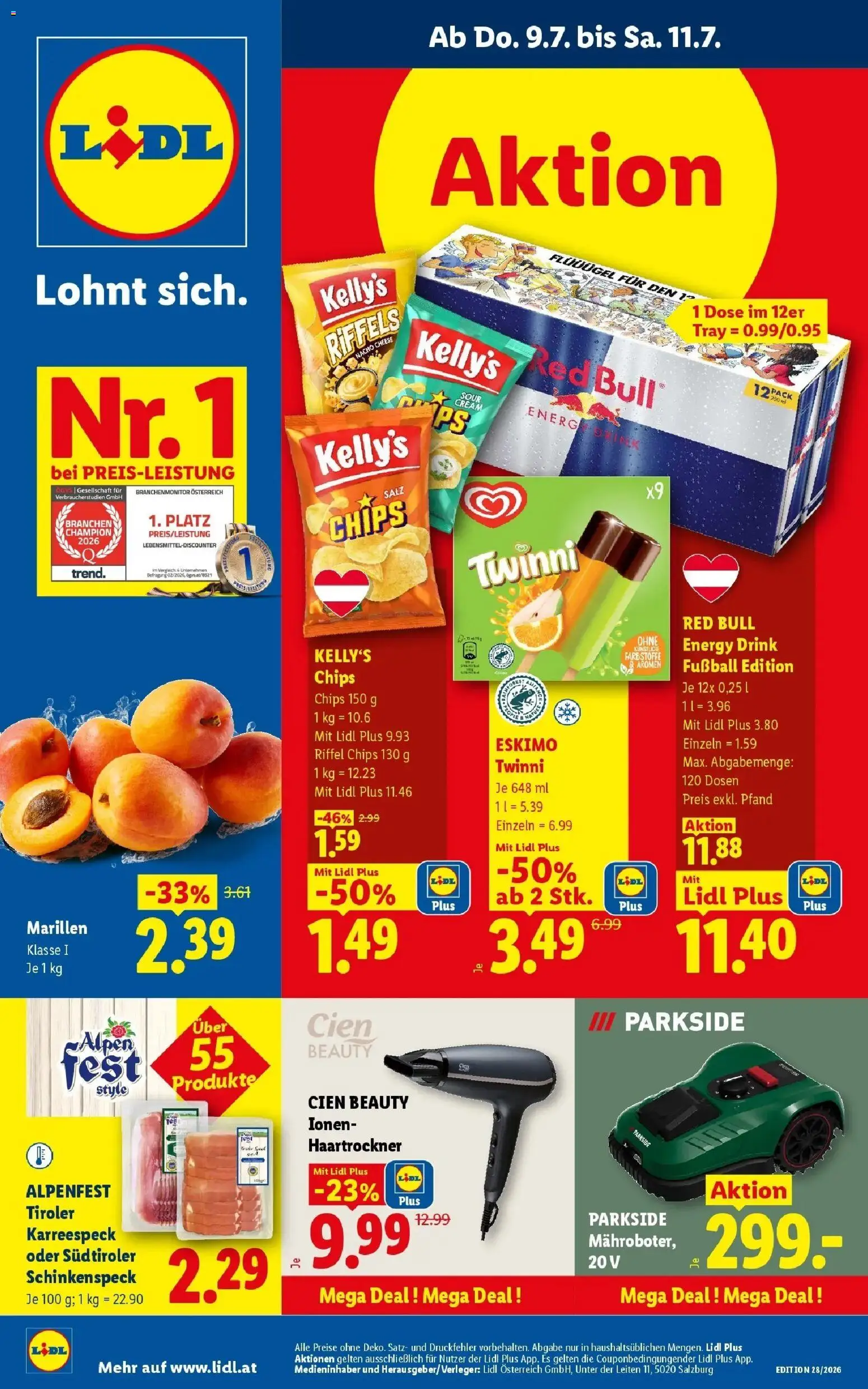 Lidl Flugblatt - Wien, Langenzersdorf, Zwettl gültig ab 09.07.2026 | Seite: 1 | Produkte: Chips, Salz, Haartrockner