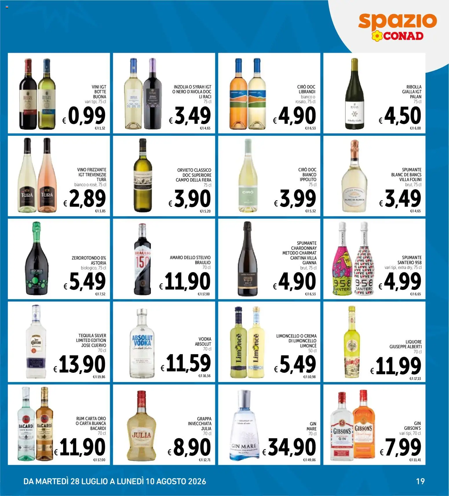 Volantino Spazio Conad del 28/07/2026 | Pagina: 19 | Prodotti: Gin, Bacardi, Rum, Limoncello