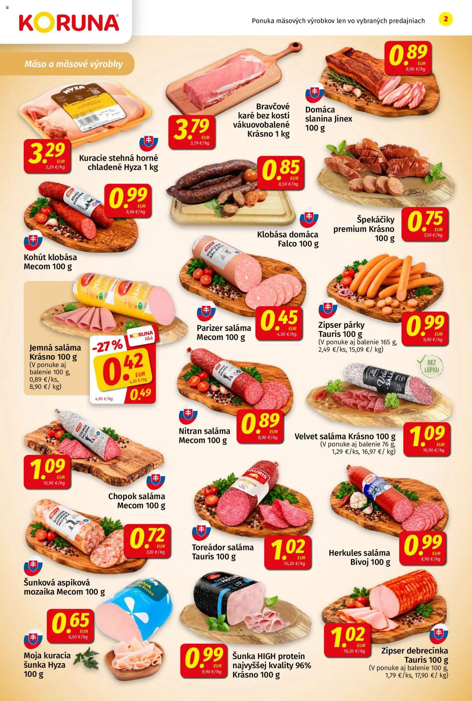 Nové Koruna akcie – leták je platný od 23.10.2026 | Strana: 2 | Produkty: Saláma, Klobása, Stehná, Špekáčiky