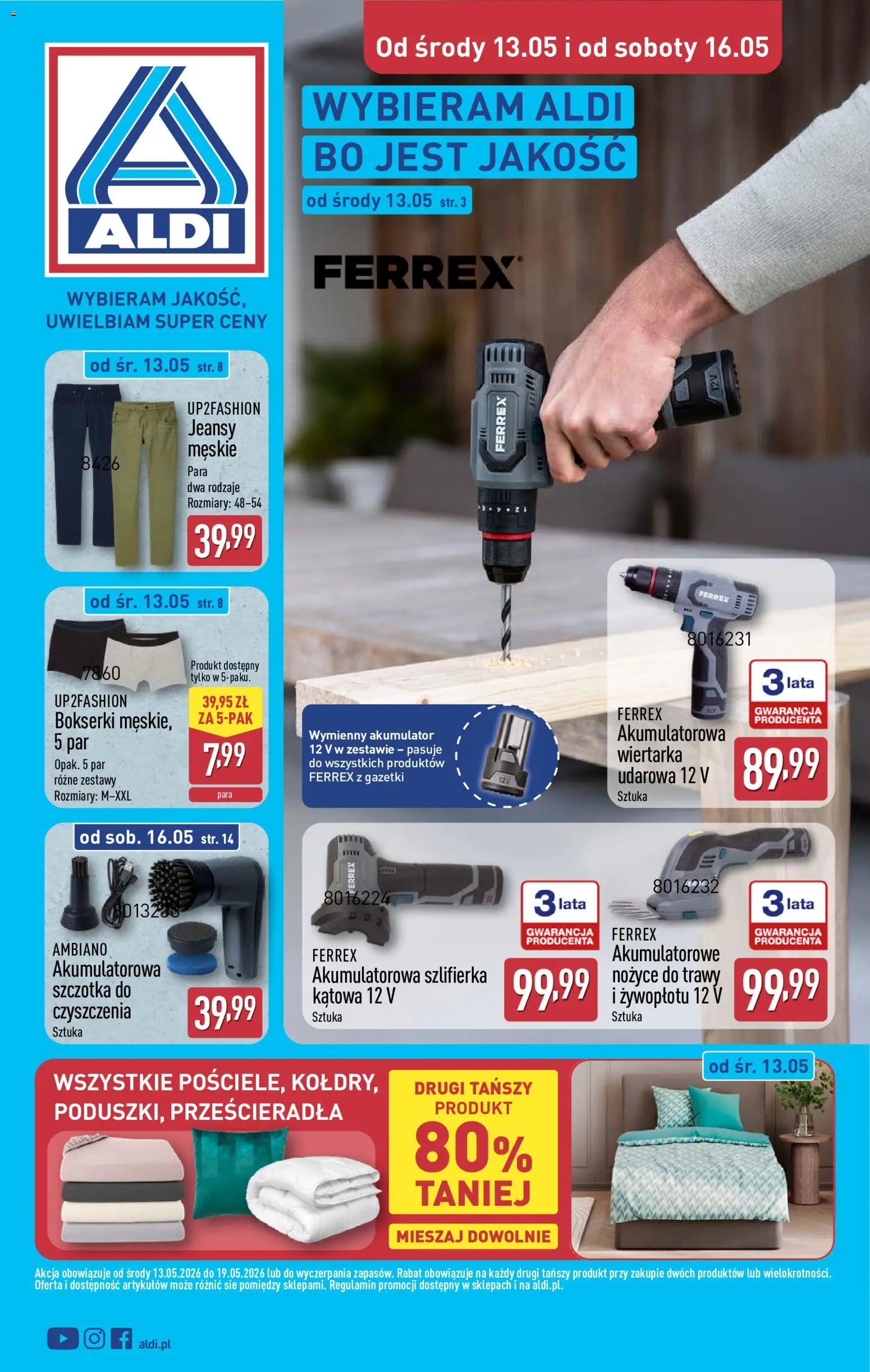 Aldi gazetka - Hity od Środy i od Soboty od 13.05.2026 | Strona: 1 | Produkty: Bokserki, Trawy, Szczotka, Szlifierka