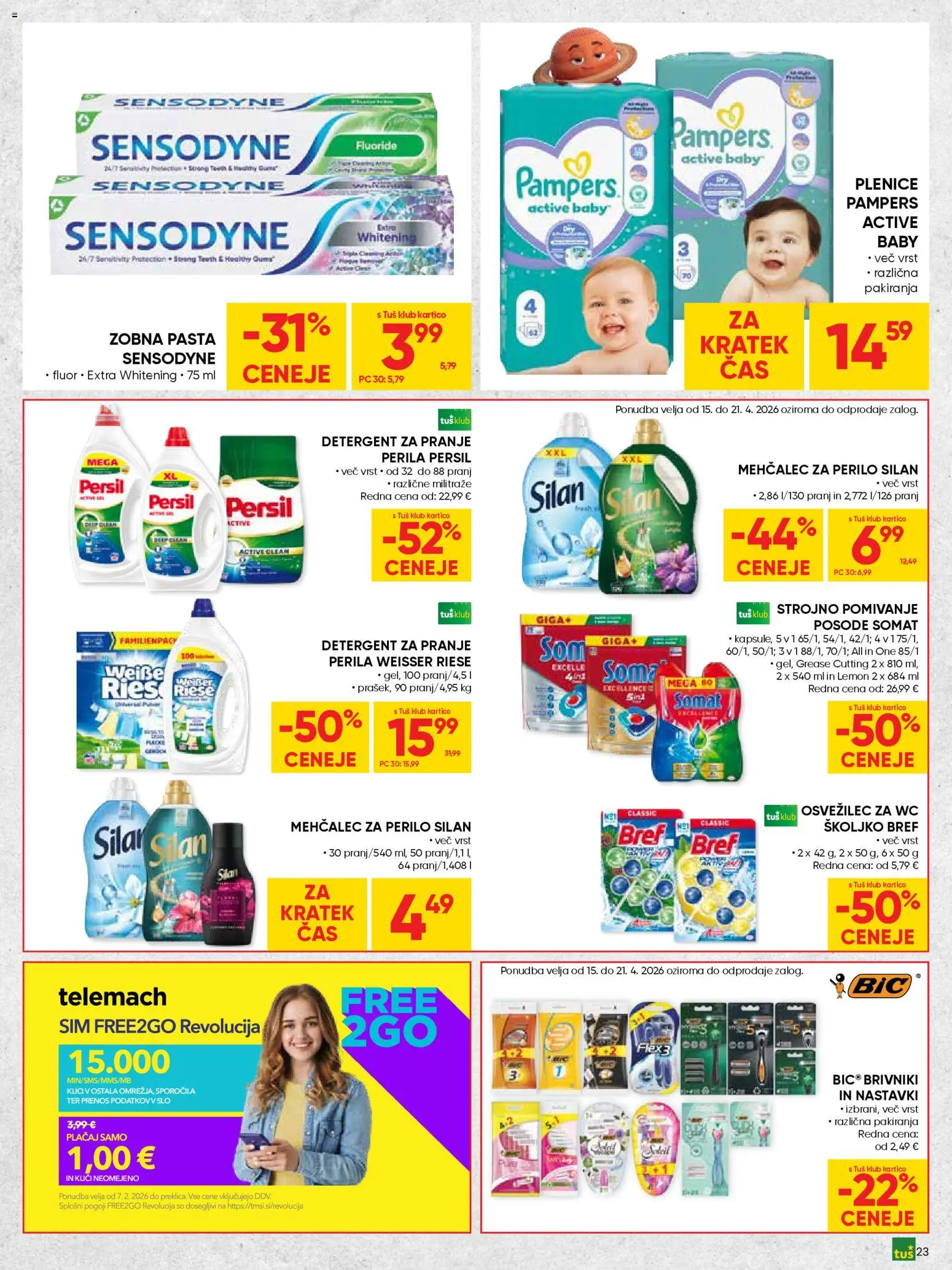Novi Tuš katalog ponudbe – veljaven od 15.04.2026 | Stran: 23 | Izdelki: Plenice, Mehčalec, Zobna pasta, Mehcalec za perilo