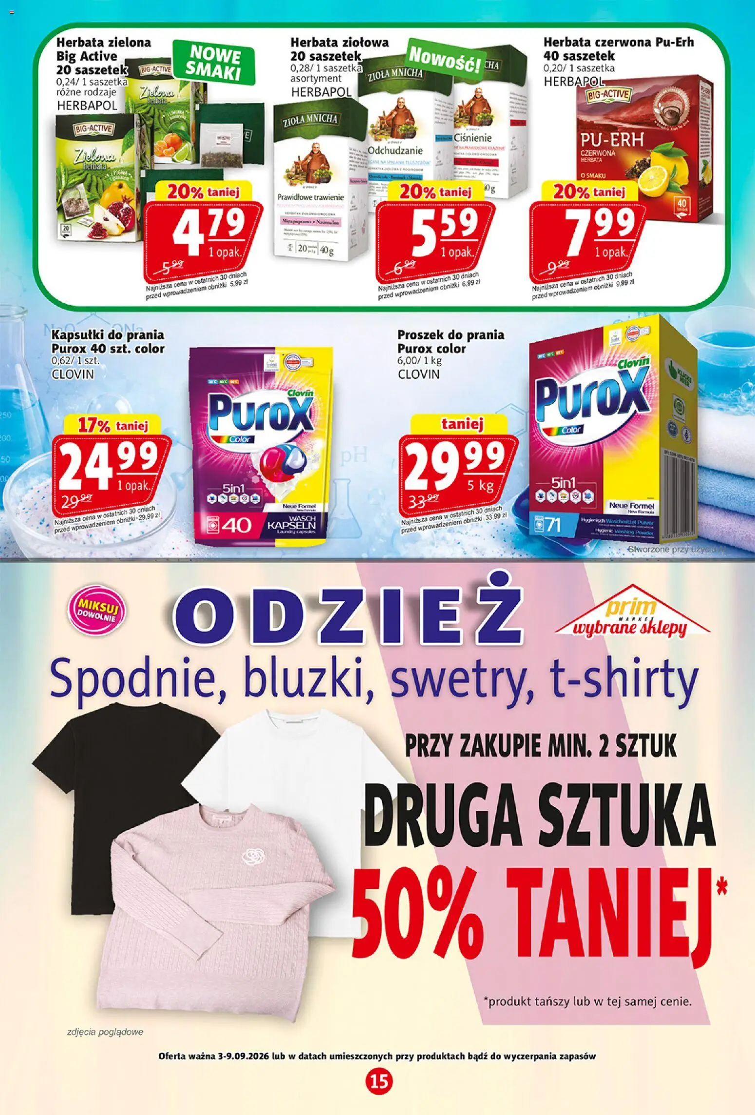 Prim Market gazetka od 03.09.2026 | Strona: 15 | Produkty: Proszek, Herbata zielona, Kapsułki do prania, Herbata czerwona
