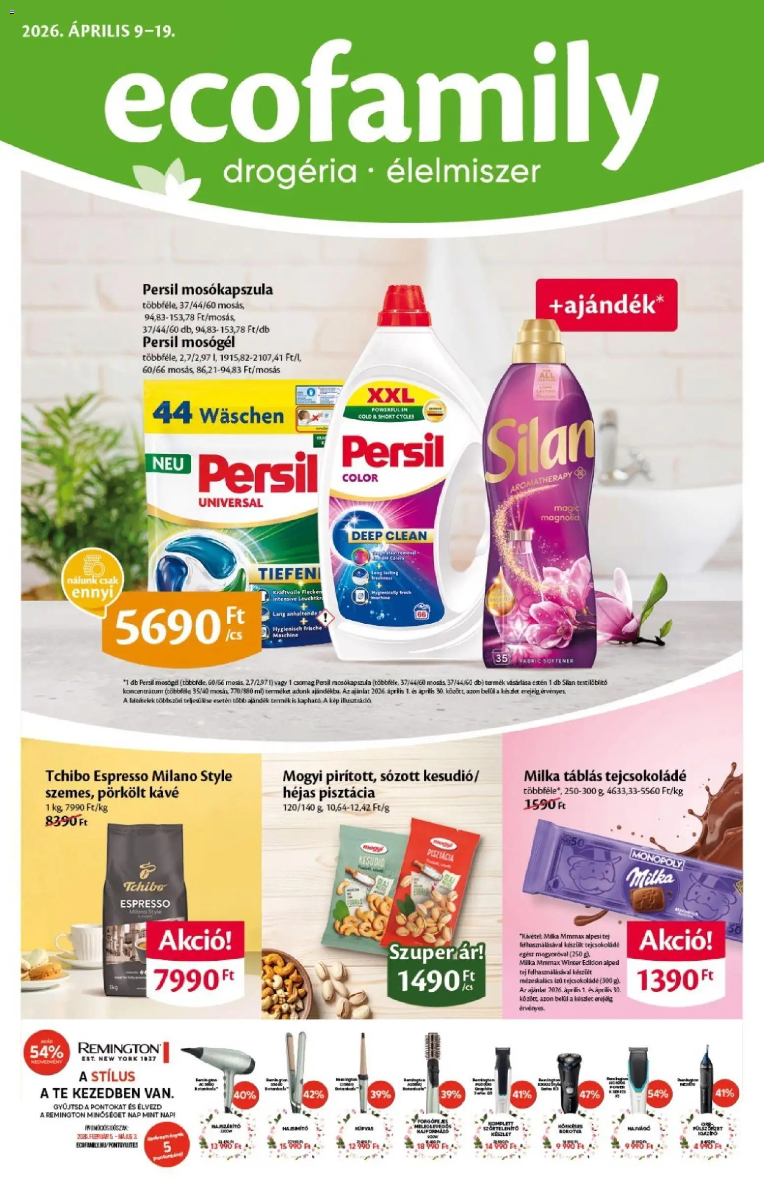 EcoFamily akciós ujság - amely érvényes a következő dátumtól: 09.04.2026 | Oldal: 1 | Termékek: Pisztácia, Hajformázó, Borotva, Kávé