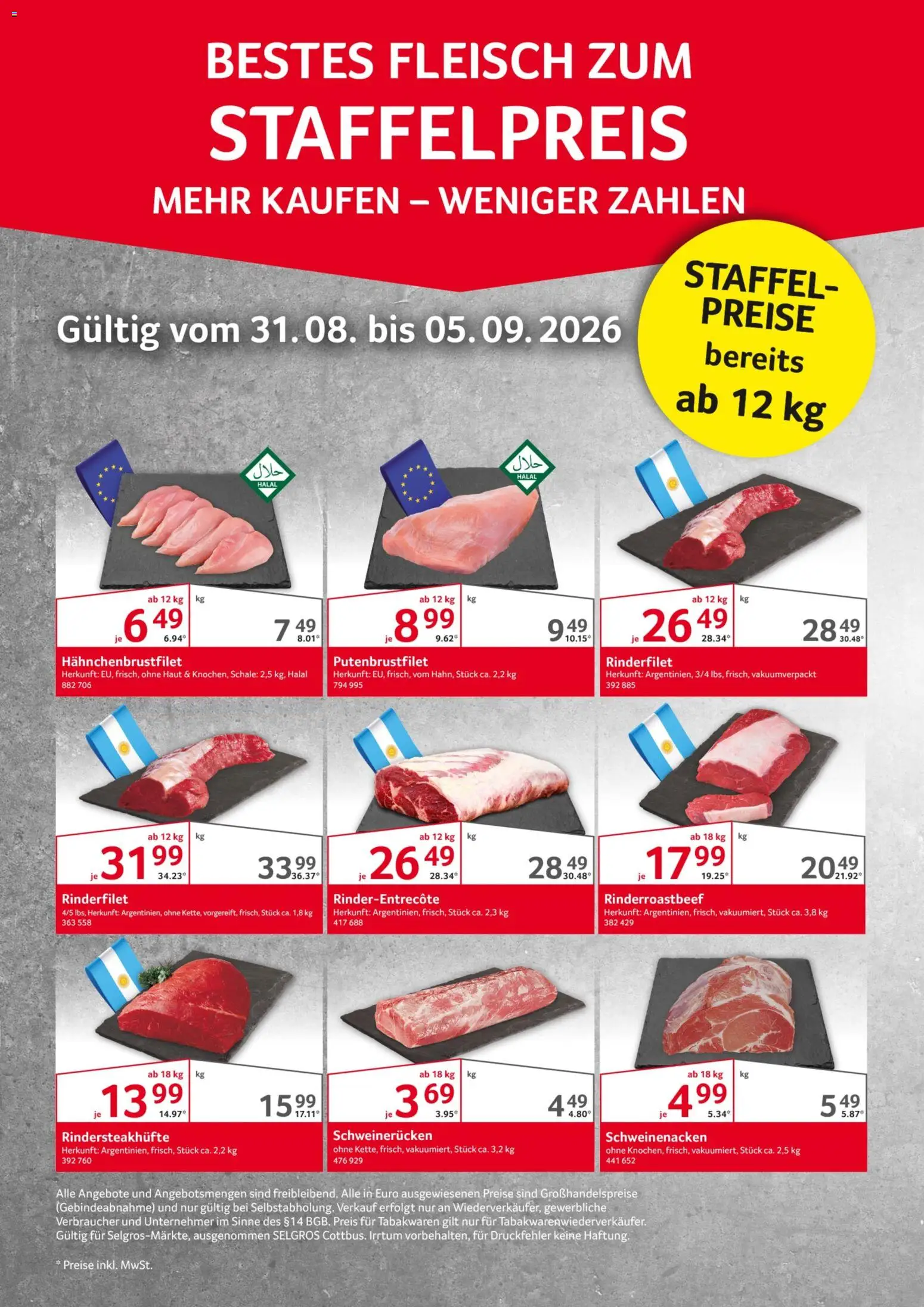 Selgros Bestes Fleisch zum Staffelpreis – gültig ab 31.08.2026 | Seite: 1 | Produkte: Rinderfilet, Schweinenacken, Schweinerucken, Fleisch