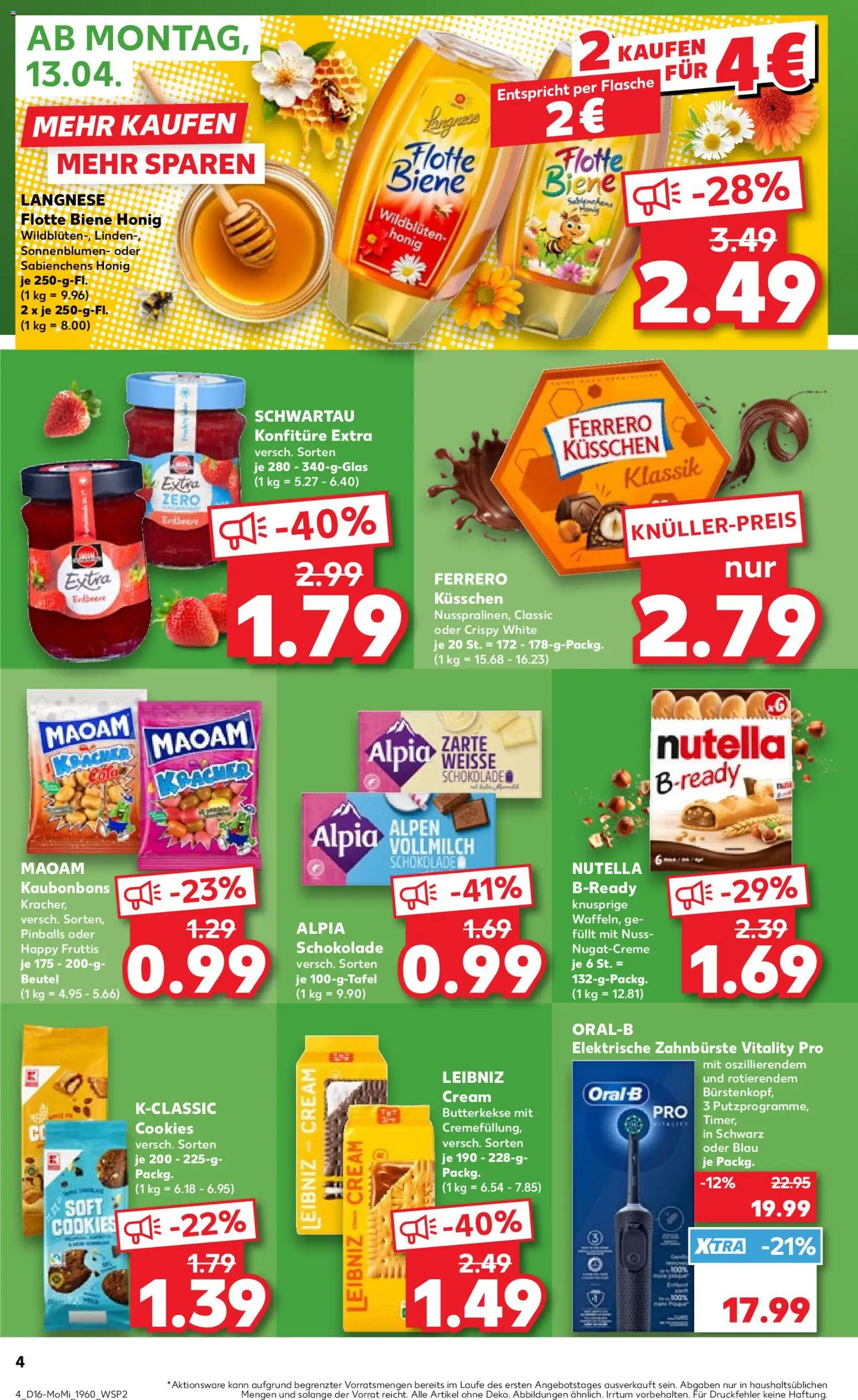 Kaufland Prospekt – gültig ab 13.04.2026 | Seite: 4 | Produkte: Langnese, Schokolade, Butterkekse, Zahnbürste