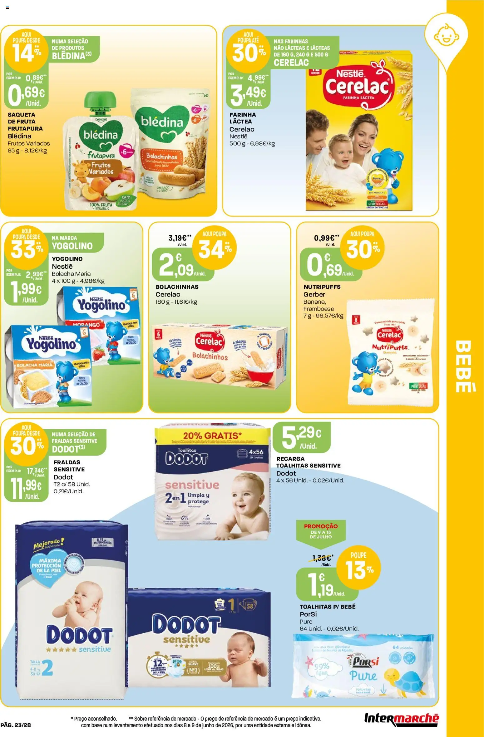 Intermarché Folheto Contact │ válido de 09/07/2026 | Página: 23 | Produtos: Fraldas, Algodão, Nestlé, Vitamina c