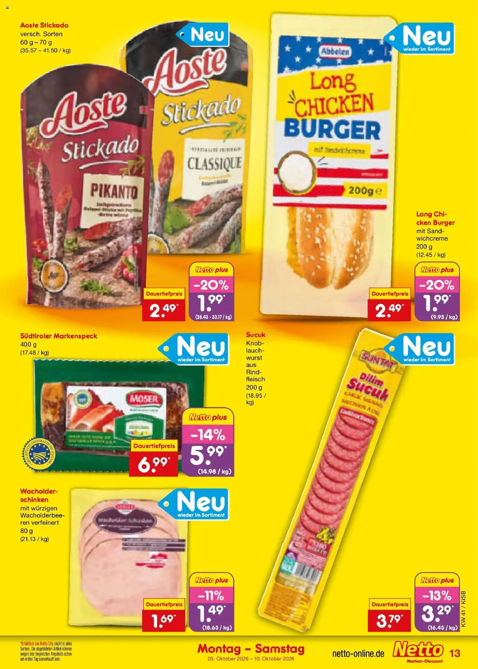 Netto Marken-Discount Prospekt Nürnberg – gültig ab 05.10.2026 | Seite: 13 | Produkte: Burger, Wurst, Schinken, Fleisch
