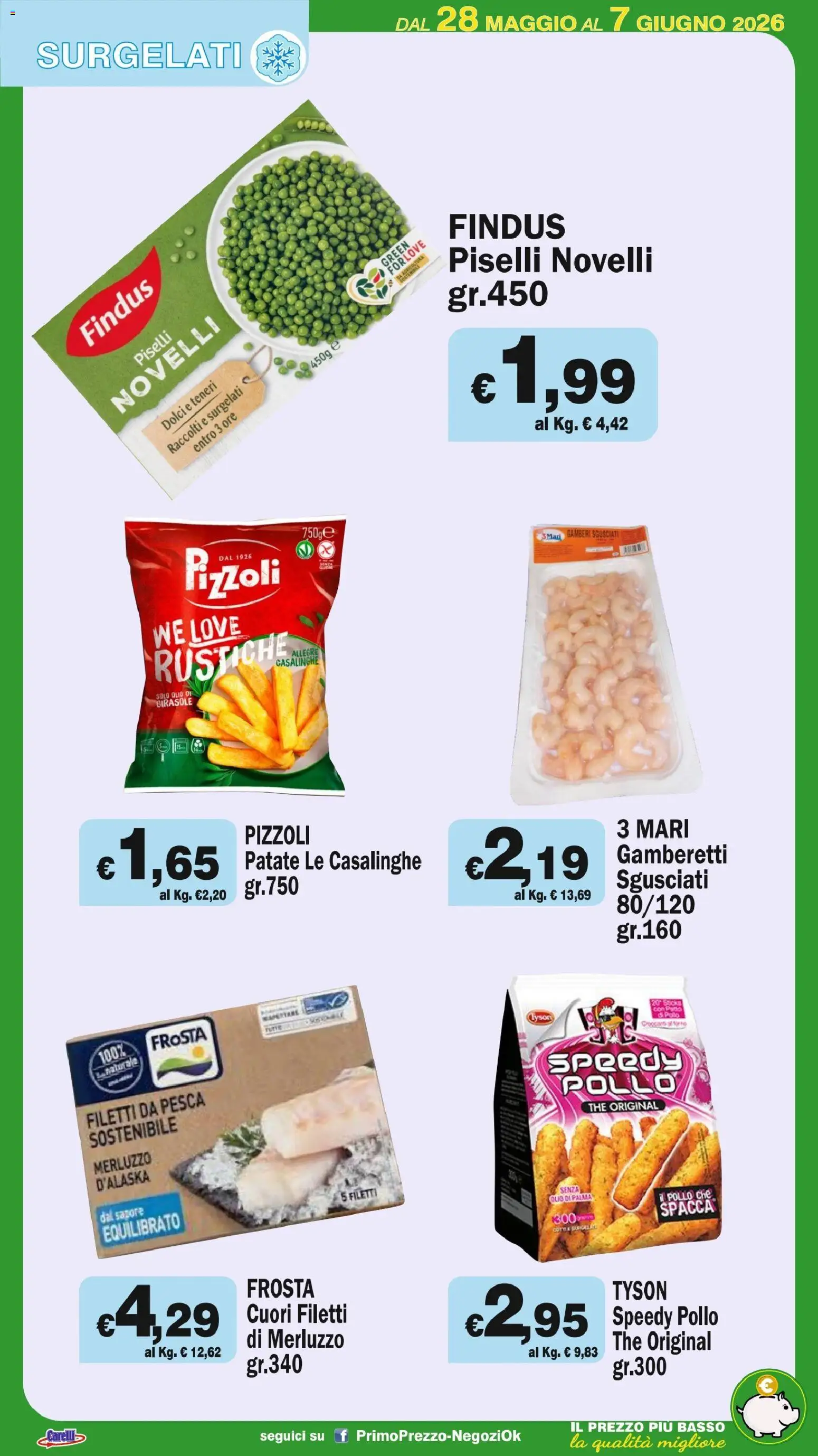 Volantino Primo Prezzo del 28.05.2026 | Pagina: 35 | Prodotti: Merluzzo, Gamberi, Olio, Pesca