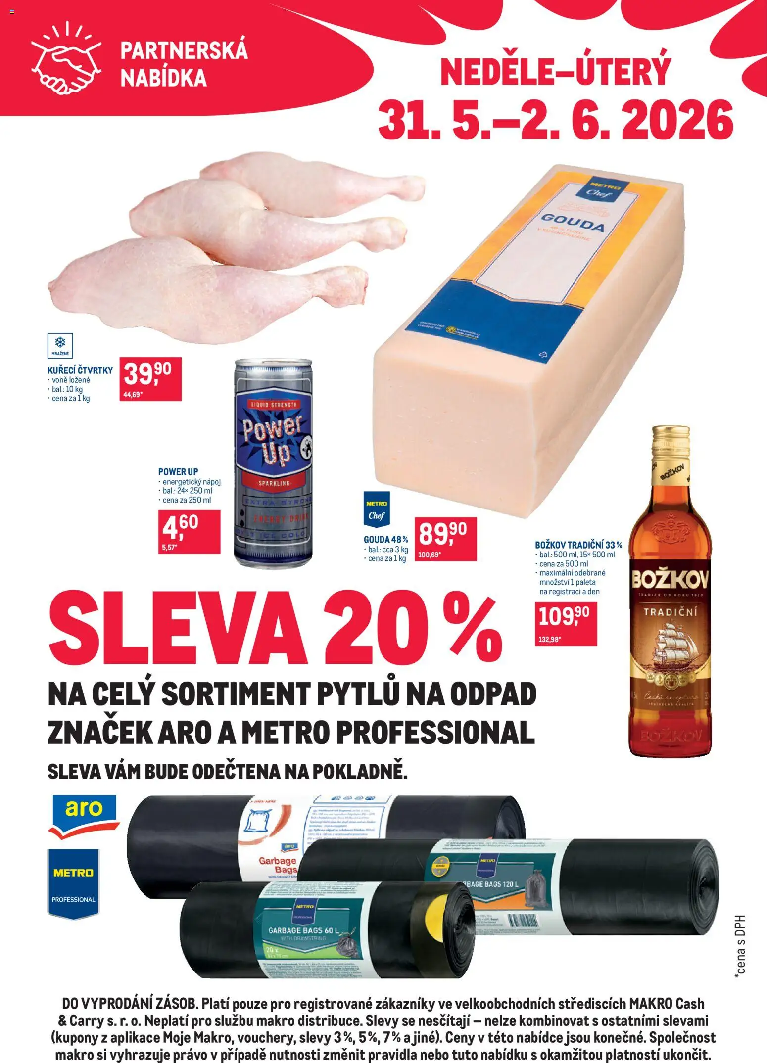 Makro leták - Partnerská nabídka od 31.05.2026 | Strana: 1 | Produkty: Gouda, Kuřecí čtvrtky, Energetický nápoj, Božkov
