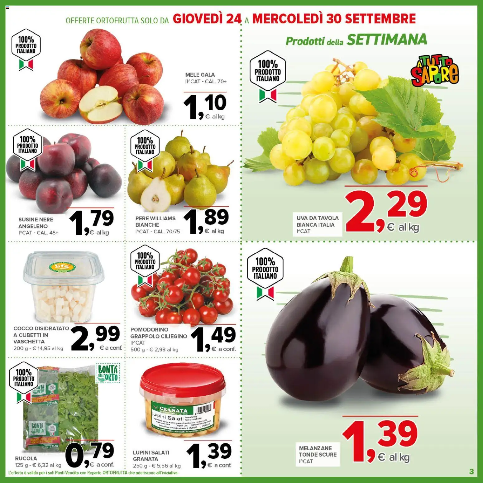 Volantino Todis del 17/09/2026 | Pagina: 3 | Prodotti: Lupini, Pere, Uva, Melanzane