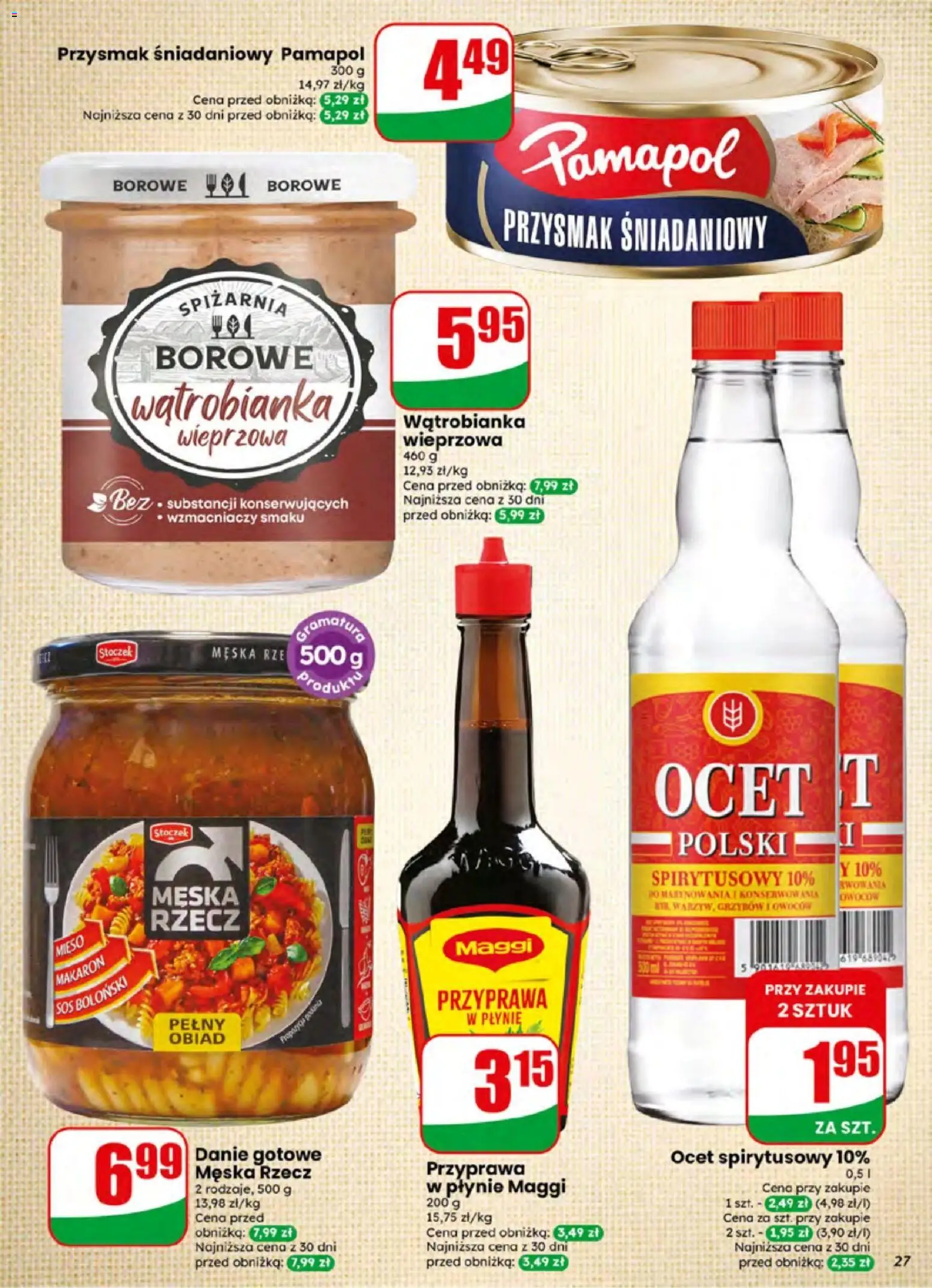 Dino gazetka od 24.06.2026 | Strona: 27 | Produkty: Ocet spirytusowy, Mięso, Makaron, Sos