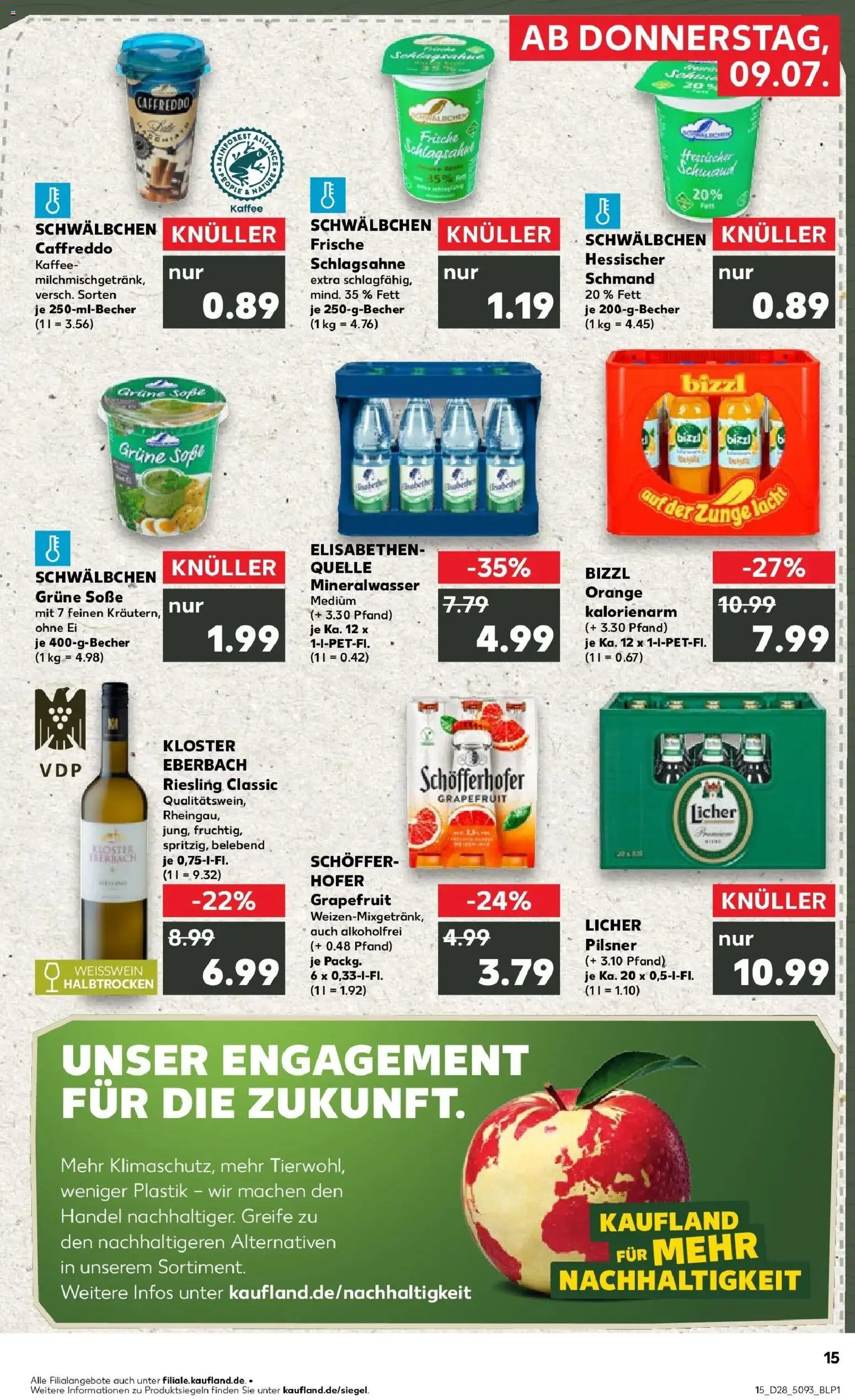 Kaufland Prospekt Wiesbaden – gültig ab 09.07.2026 | Seite: 15 | Produkte: Schlagsahne, Weißwein, Mineralwasser, Grapefruit