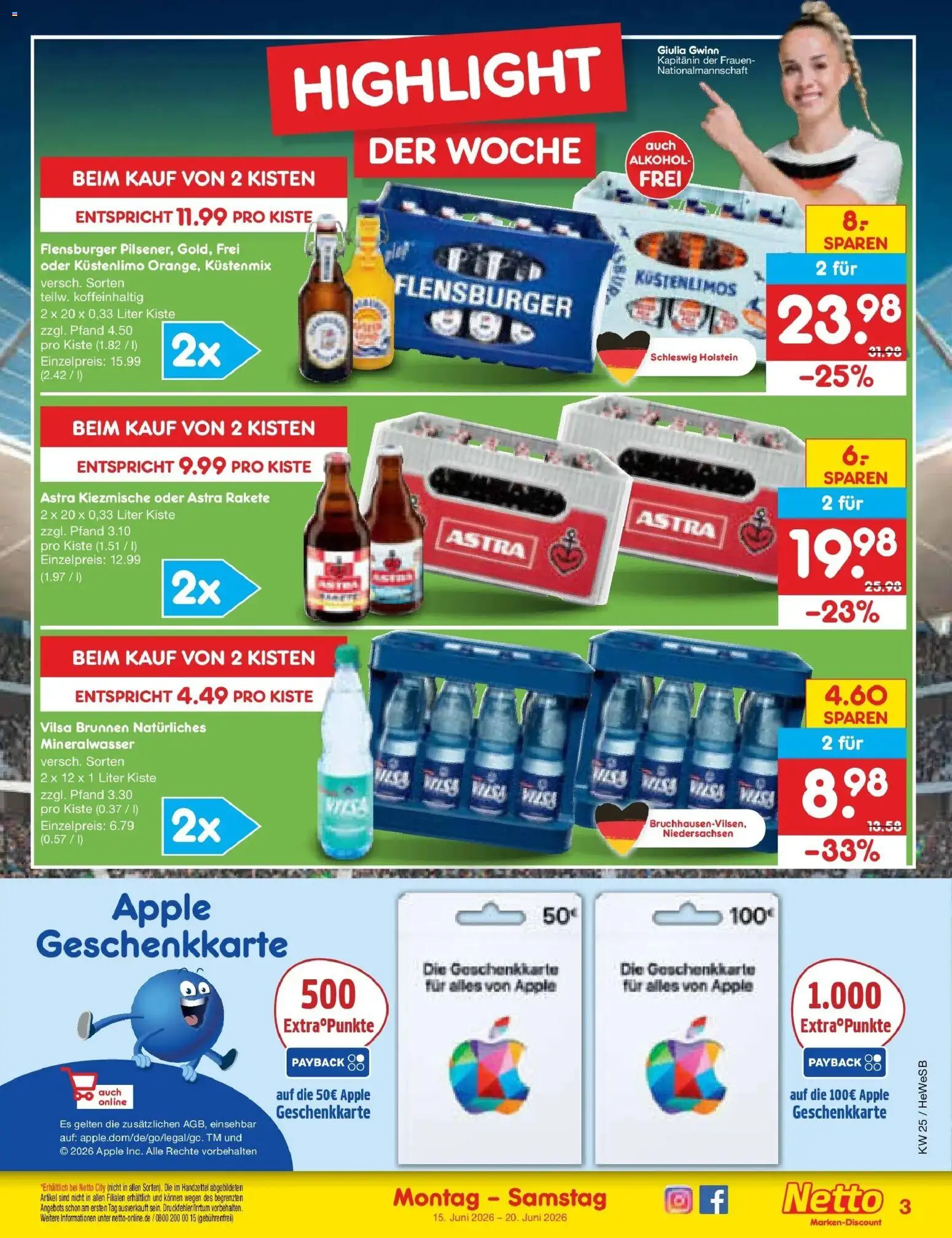 Netto Marken-Discount Prospekt Hamburg – gültig ab 14.06.2026 | Seite: 3 | Produkte: Astra rakete, Astra, Apple, Flensburger