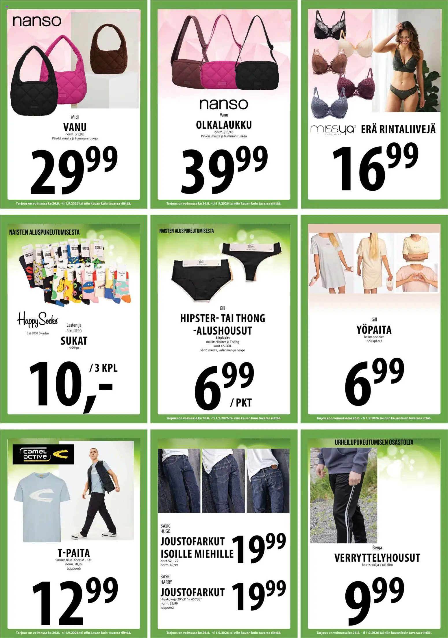 Tuuri tarjoukset – voimassa 26/08/2026 alkaen | Sivu: 12 | Tuotteet: Verryttelyhousut, Sukat, Alushousut