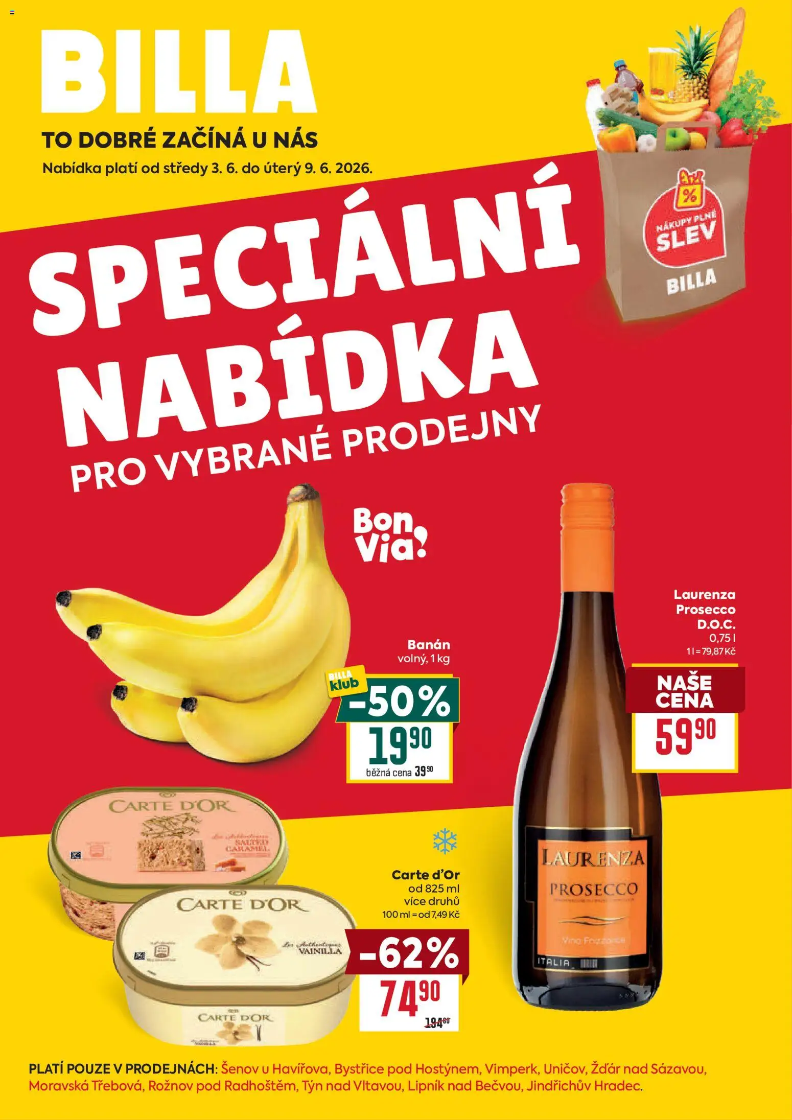 Billa leták - Speciální nabídka od 03.06.2026 | Strana: 1 | Produkty: Prosecco, Víno, Banán, Carte d'or