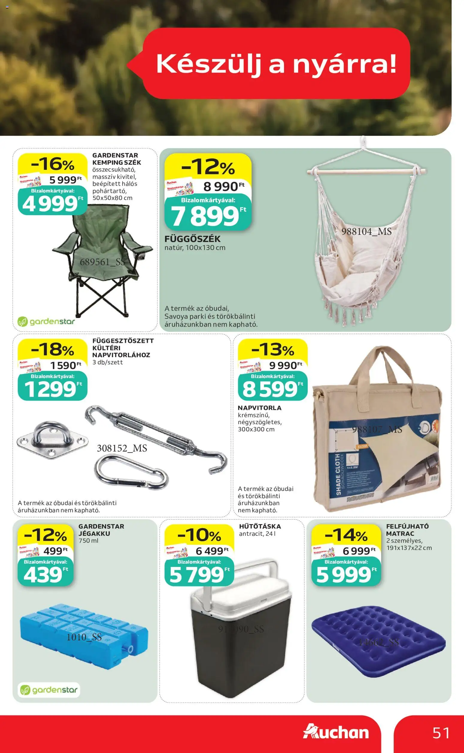 Auchan akciós ujság - amely érvényes a következő dátumtól: 21.05.2026 | Oldal: 51 | Termékek: Napvitorla, Matrac, Hűtőtáska, Felfújható matrac
