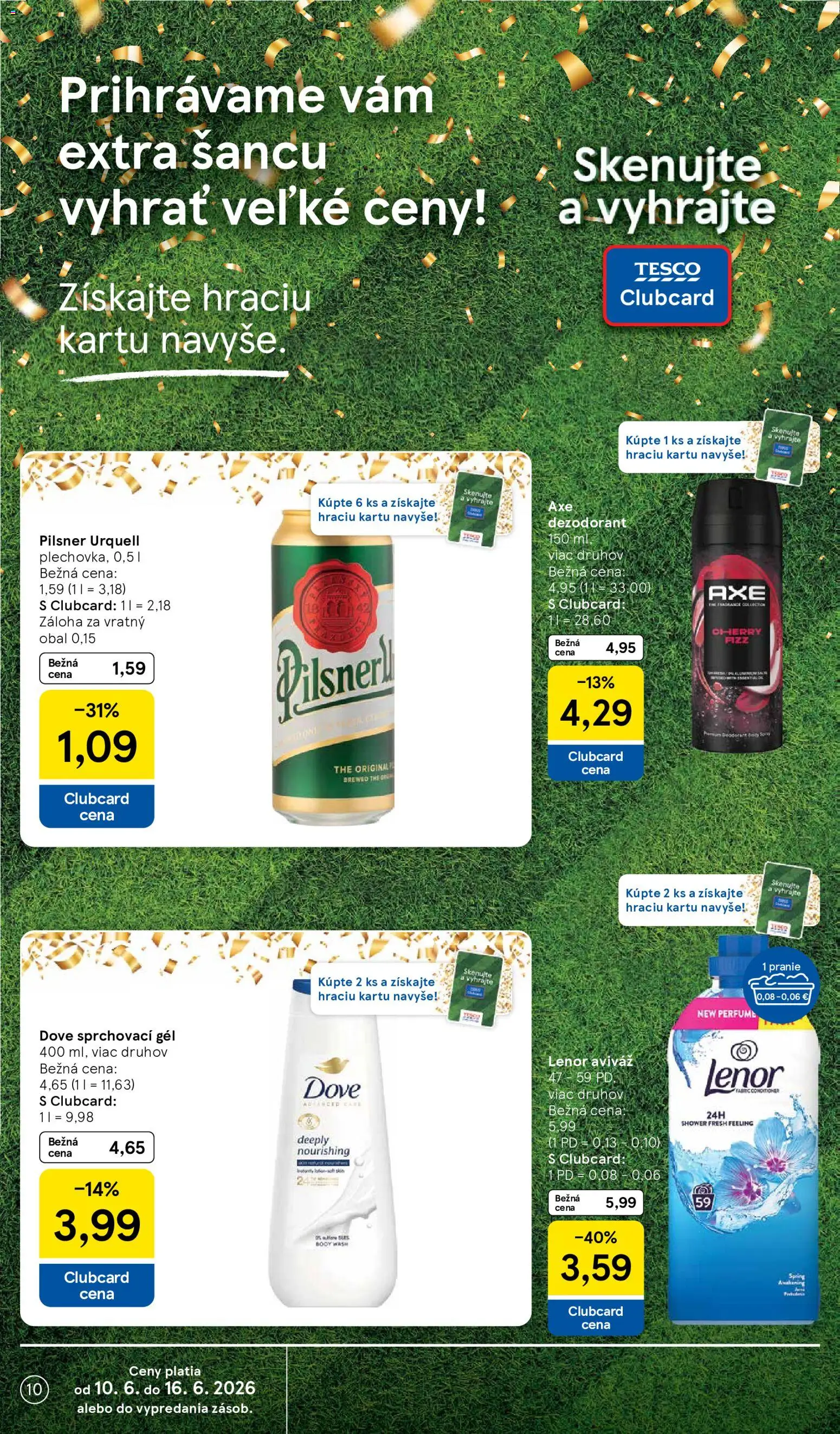 Nové Tesco akcie – leták je platný od 10.06.2026 | Strana: 10 | Produkty: Pilsner Urquell, Dezodorant, Aviváž, Lenor