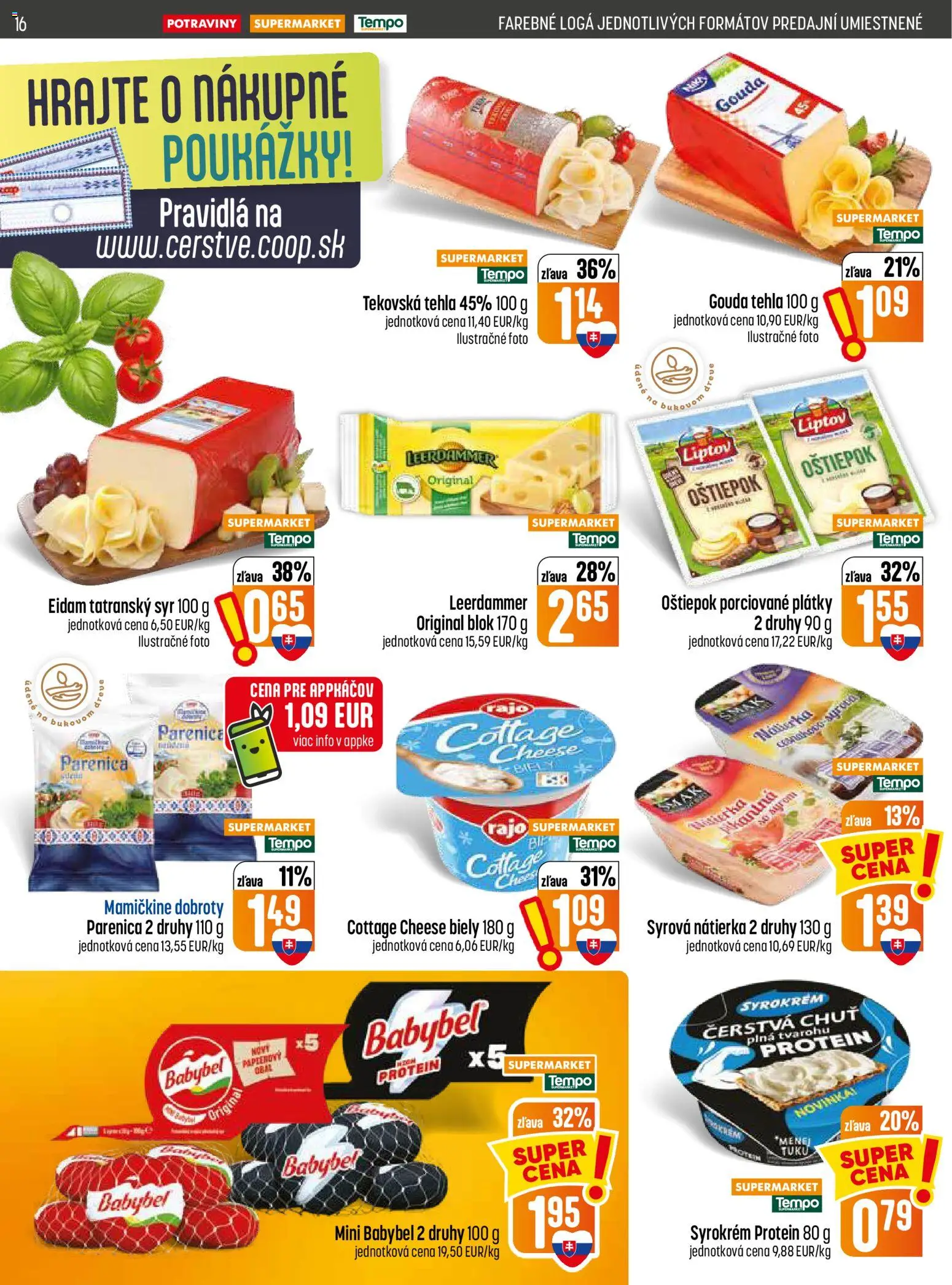 Nové COOP Jednota akcie – leták je platný od 30.07.2026 | Strana: 16 | Produkty: Syr, Gouda, Eidam, Protein