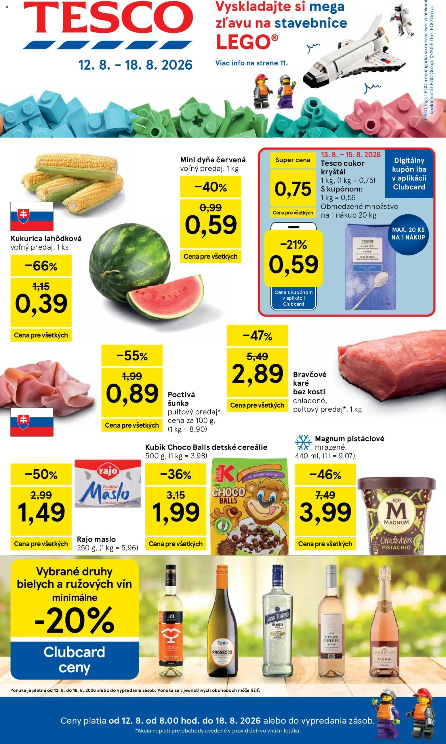 Nové Tesco akcie – leták je platný od 12.08.2026 | Strana: 1 | Produkty: Maslo, LEGO, Cereálie, Bravčové karé
