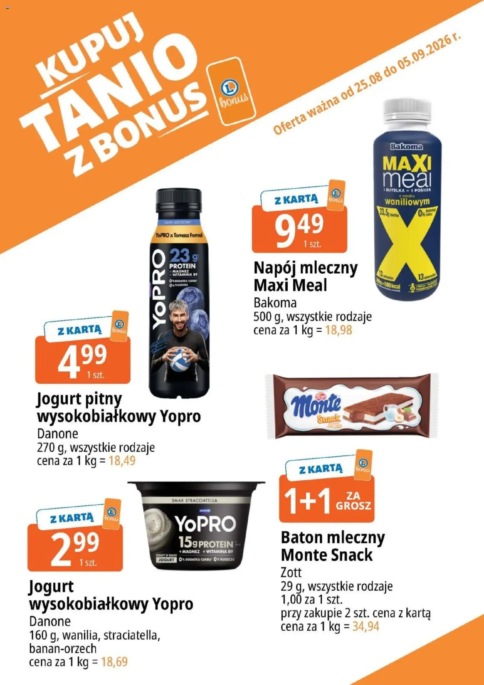E.Leclerc gazetka - Kupuj Tanio Z Bonus od 25.08.2026 | Strona: 5 | Produkty: Baton, Napój mleczny, Jogurt, Protein baton