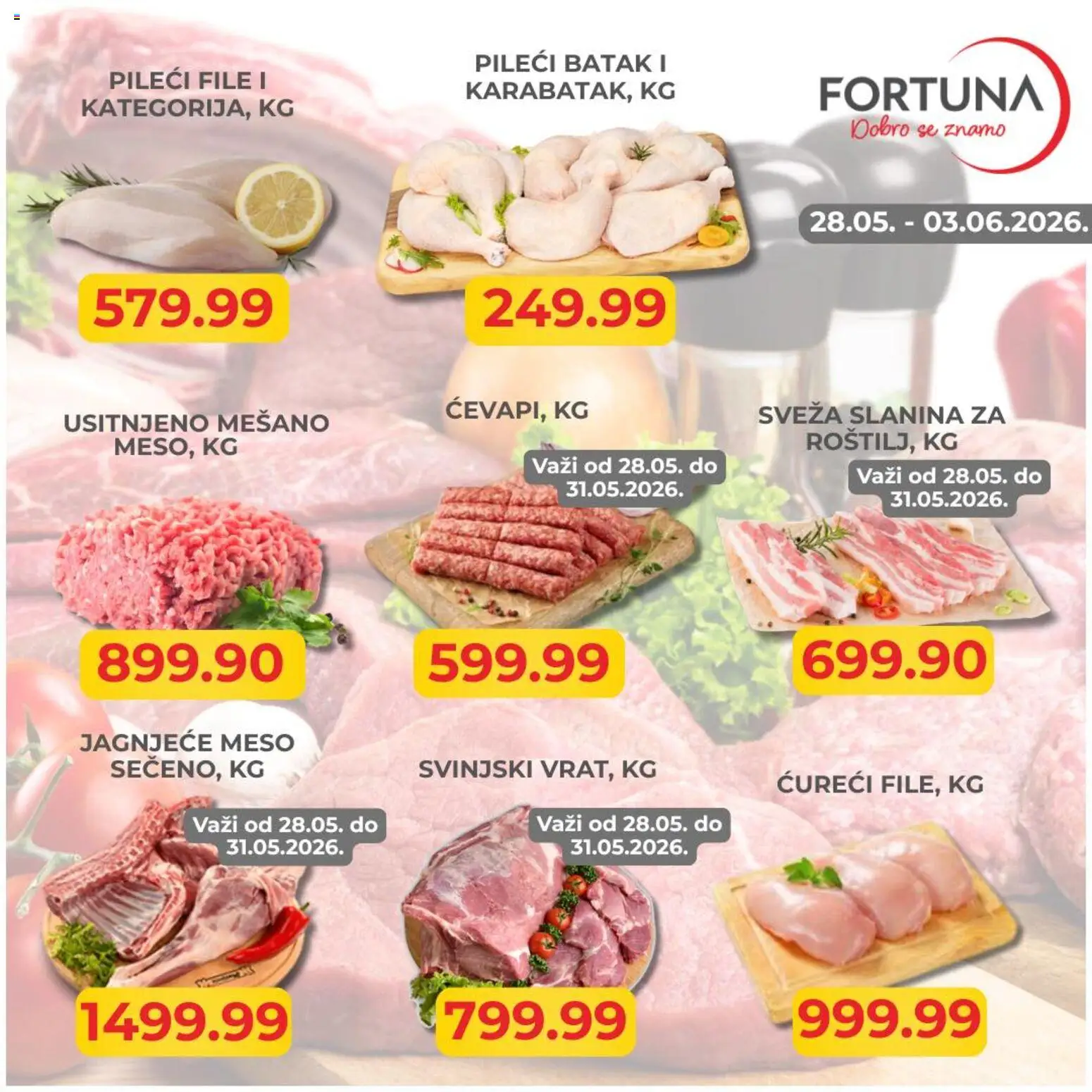Fortuna Market katalog - važi od 28.05.2026 | Strana: 1 | Proizvode: Jagnjeće meso, Pileći batak, Slanina