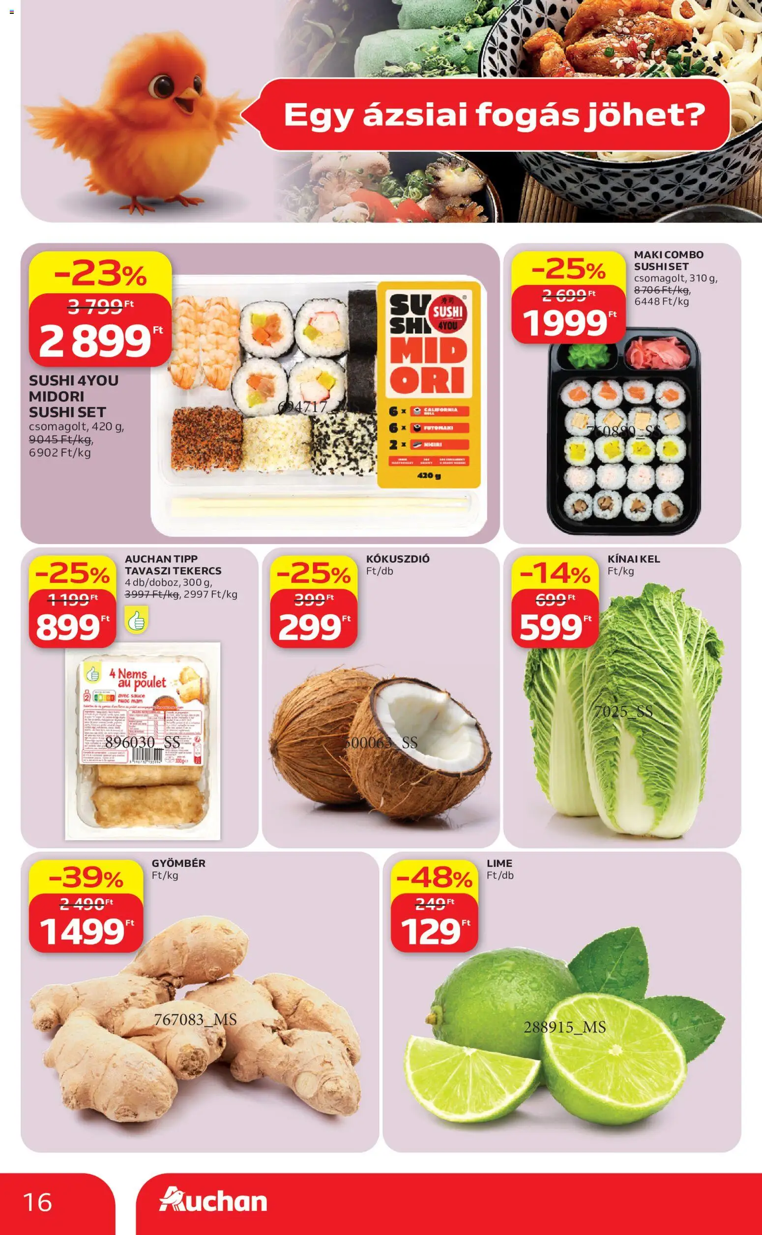 Auchan akciós ujság - amely érvényes a következő dátumtól: 07.05.2026 | Oldal: 16 | Termékek: Kínai kel, Gyömbér, Sushi, Fogas