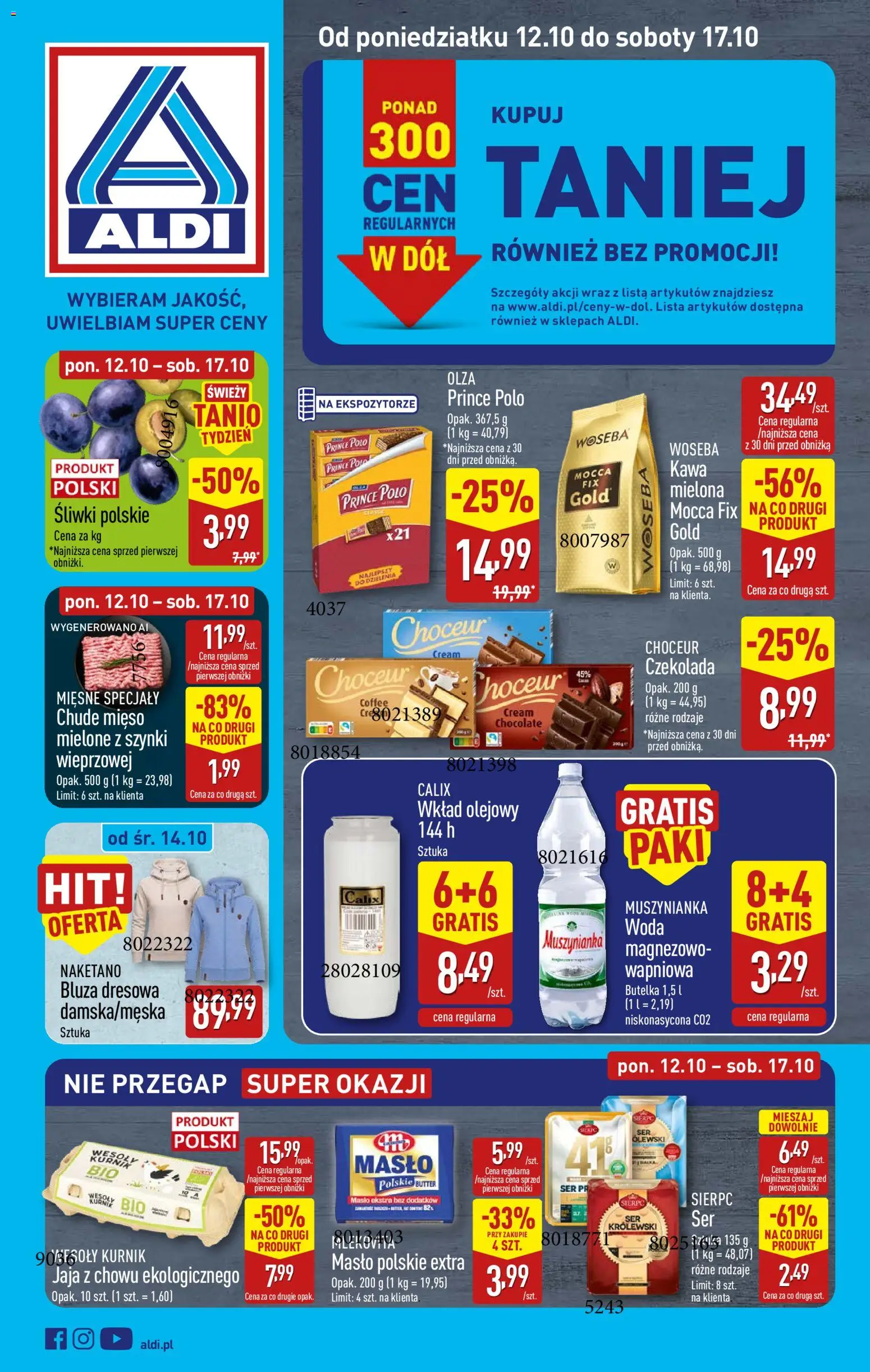 Aldi gazetka od 12.10.2026 | Strona: 1 | Produkty: Muszynianka, Śliwki, Masło, Woda