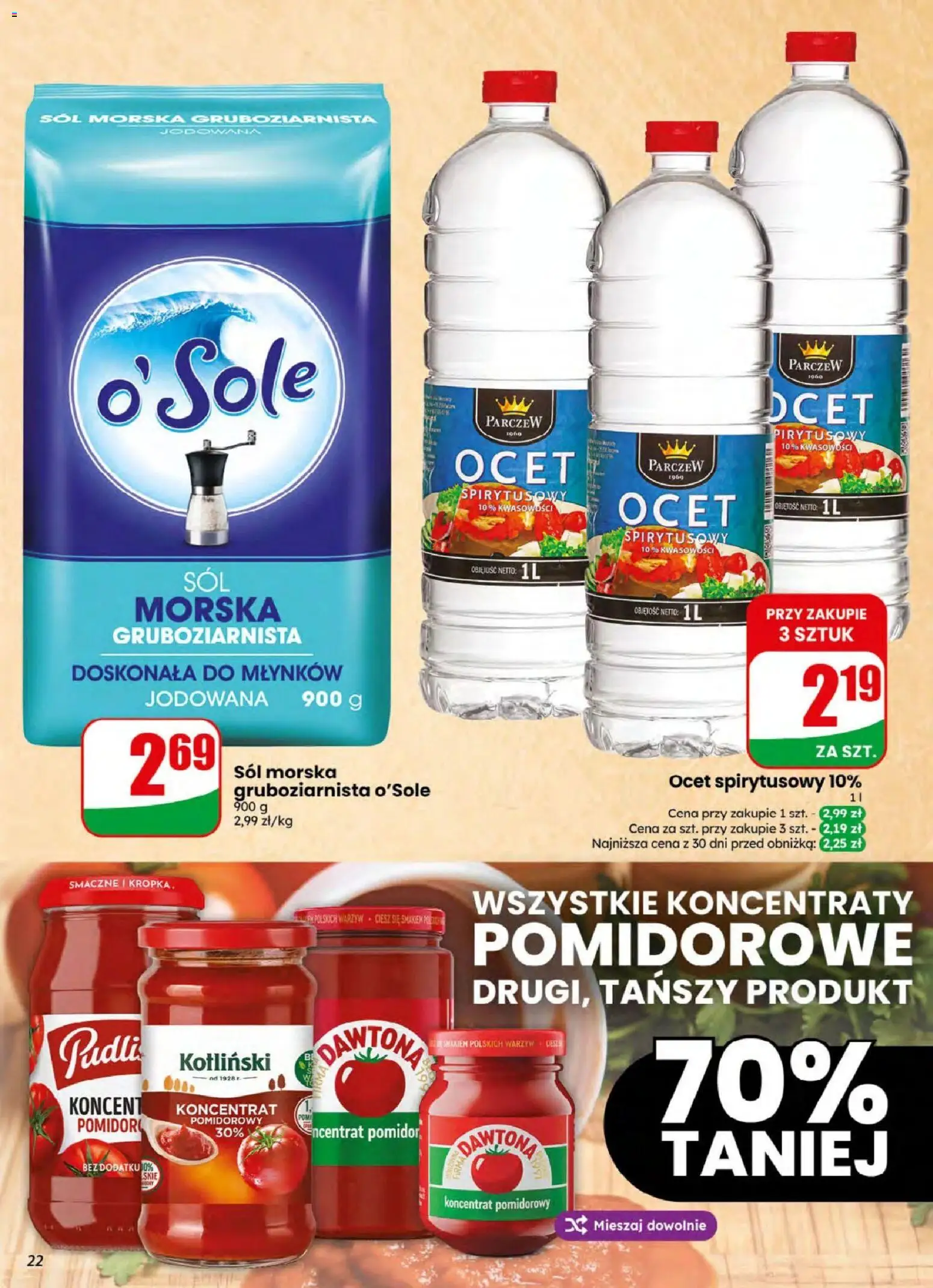 Dino gazetka od 05.08.2026 | Strona: 22 | Produkty: Ocet spirytusowy, Ocet, Koncentrat pomidorowy, Sól