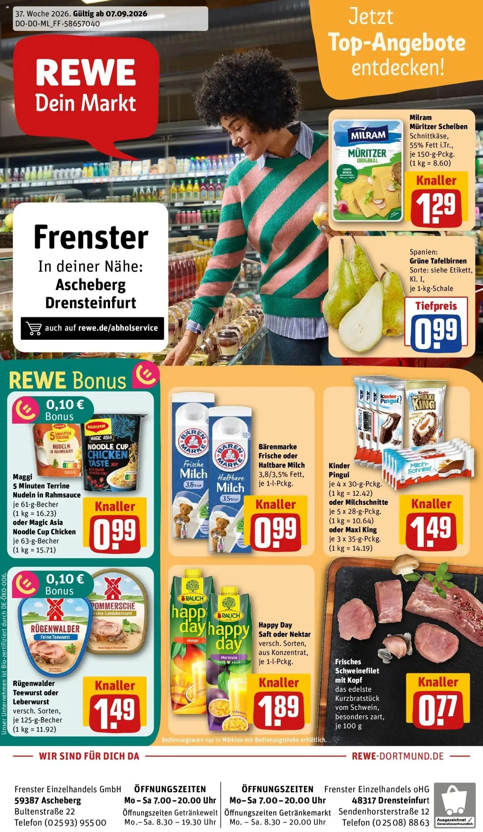 REWE Prospekt ab 07.09.2026 zum Blättern » Angebote | Seite: 1 | Produkte: Maggi, Milram, Saft, Nudeln