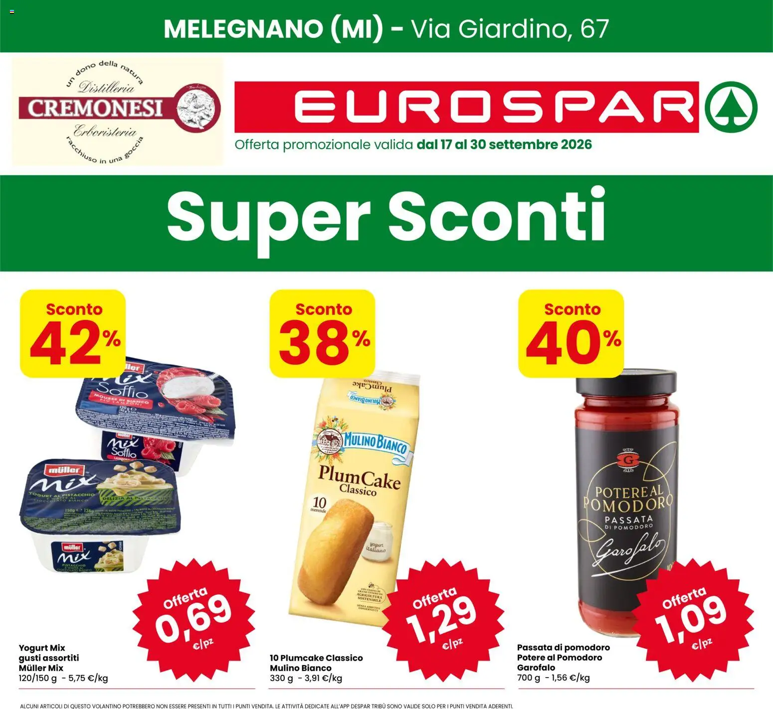 Volantino Eurospar del 17/09/2026 | Pagina: 1 | Prodotti: Pistacchio, Yogurt, Garofalo, Plumcake