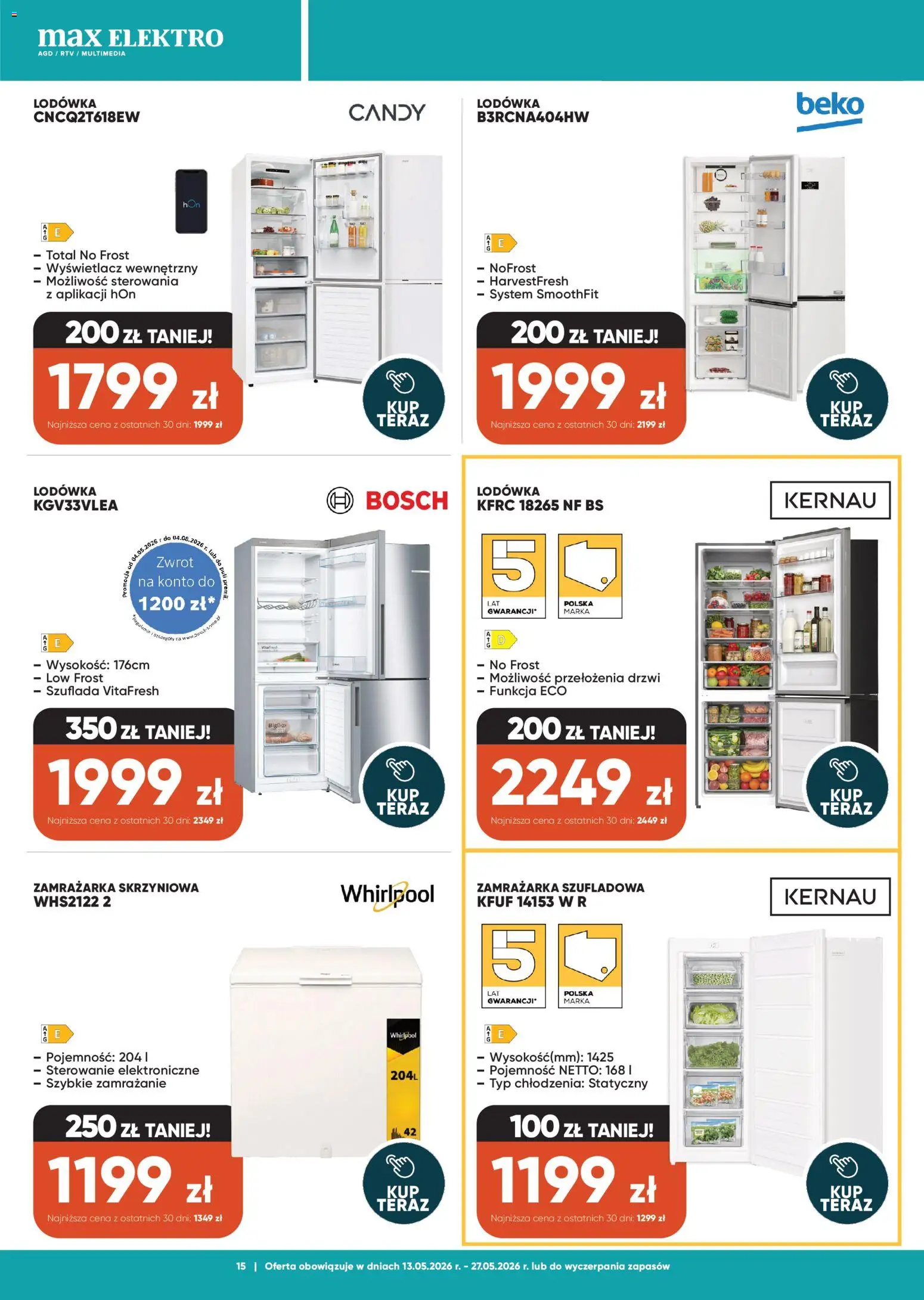 Max elektro gazetka od 13.05.2026 | Strona: 15 | Produkty: Lodówka, Zamrażarka