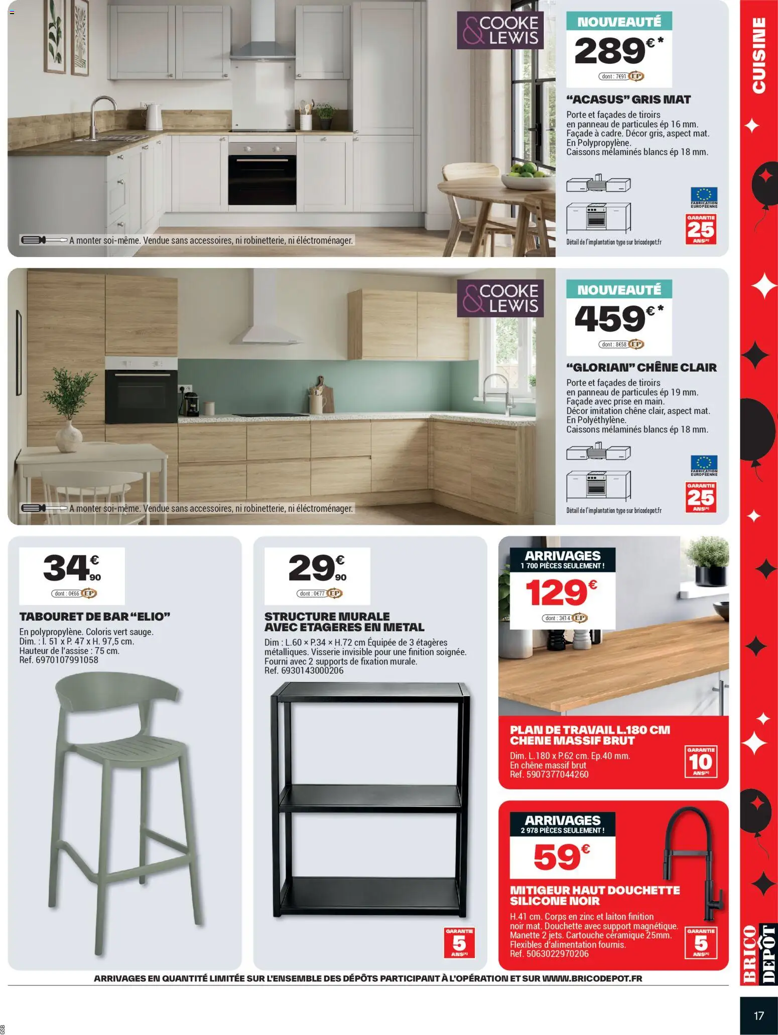 {H1} | Page: 17 | Produits: Plan de travail, Porte, Prise, Tiroirs