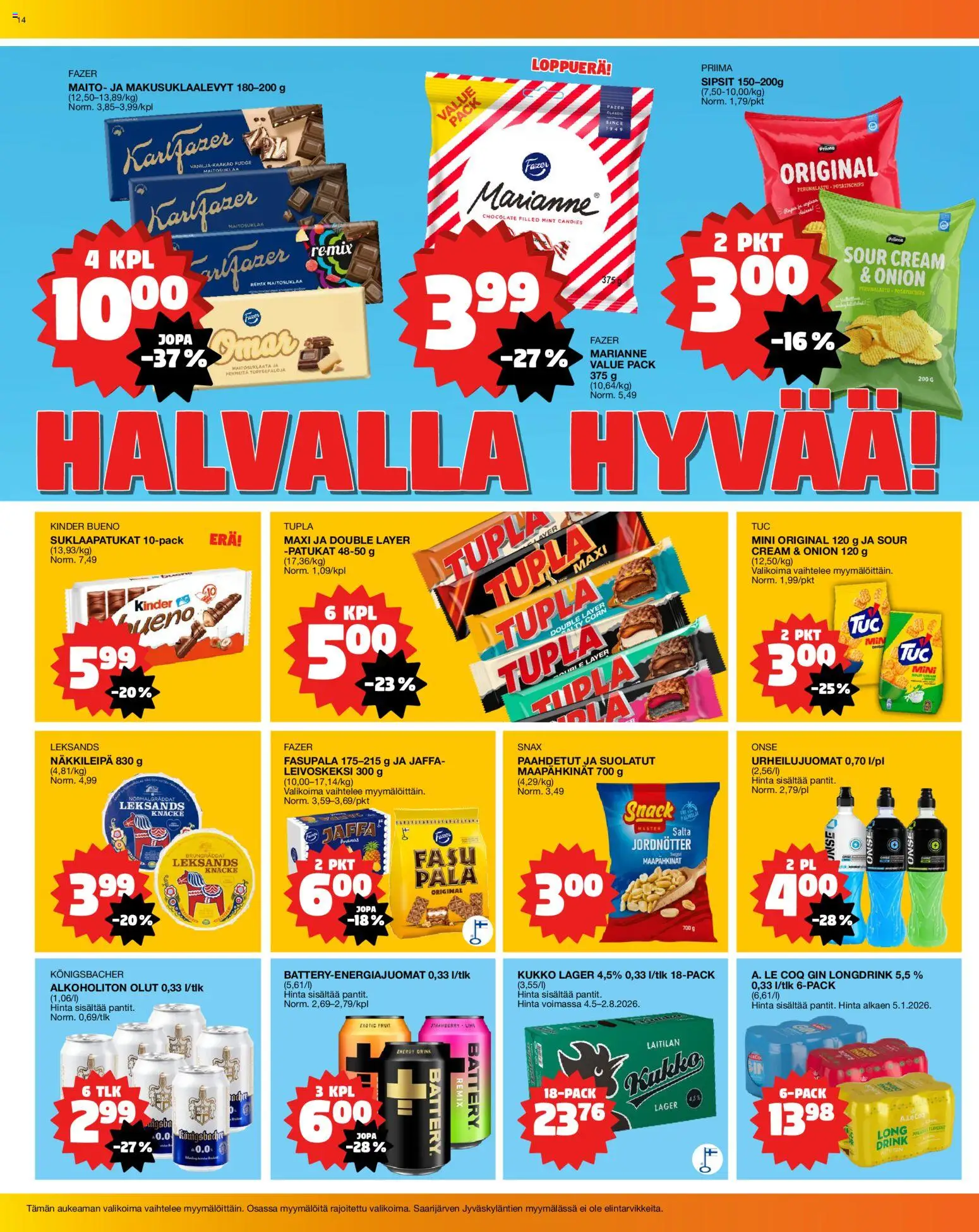 Tokmanni tarjoukset – voimassa 13/07/2026 alkaen | Sivu: 14 | Tuotteet: Alkoholiton olut, Suklaapatukat, Maito, Olut