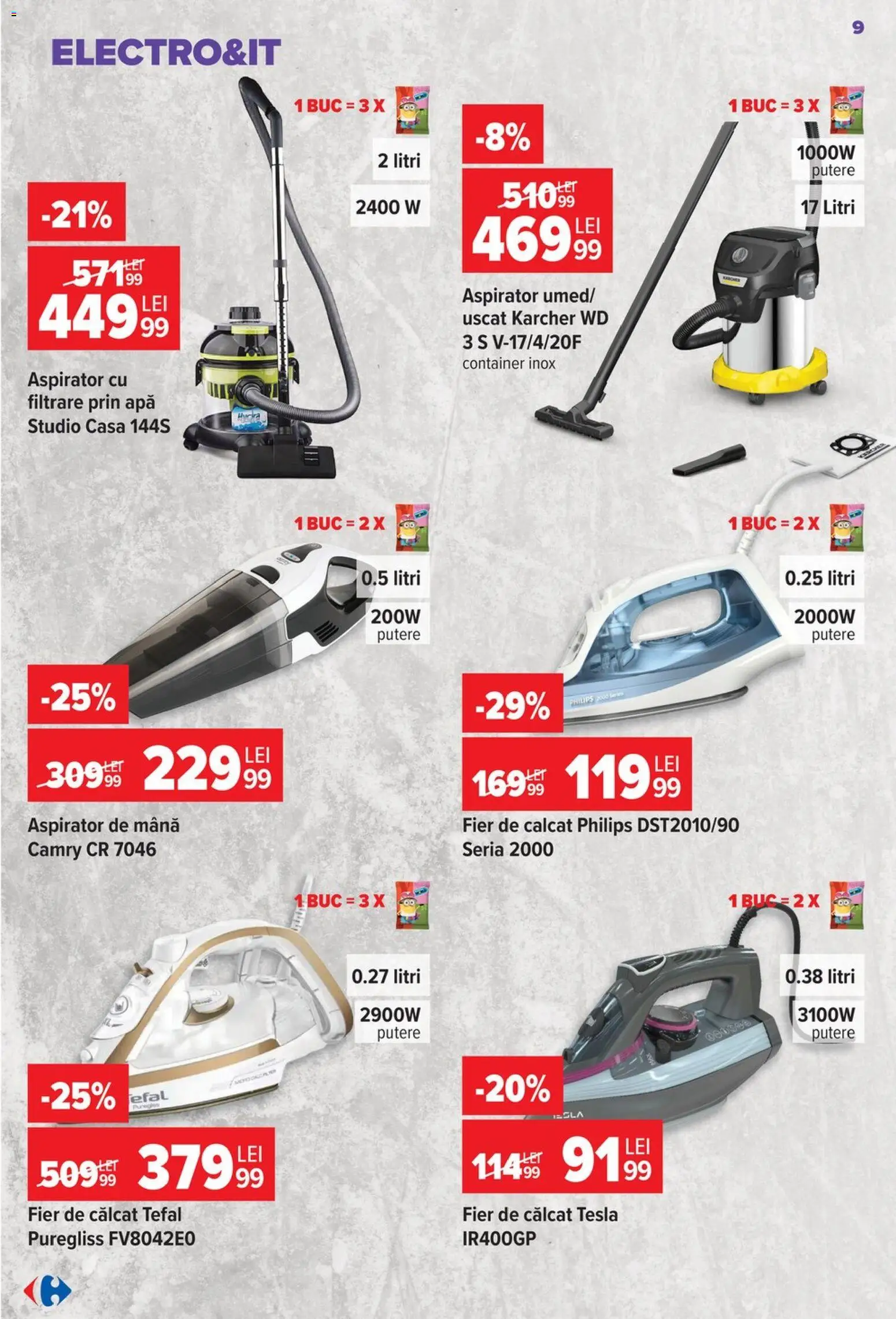 Noul catalog Carrefour – valabil de la 26.08.2026 | Pagină: 10 | Produse: Fier, Fier de călcat, Aspirator, Apă