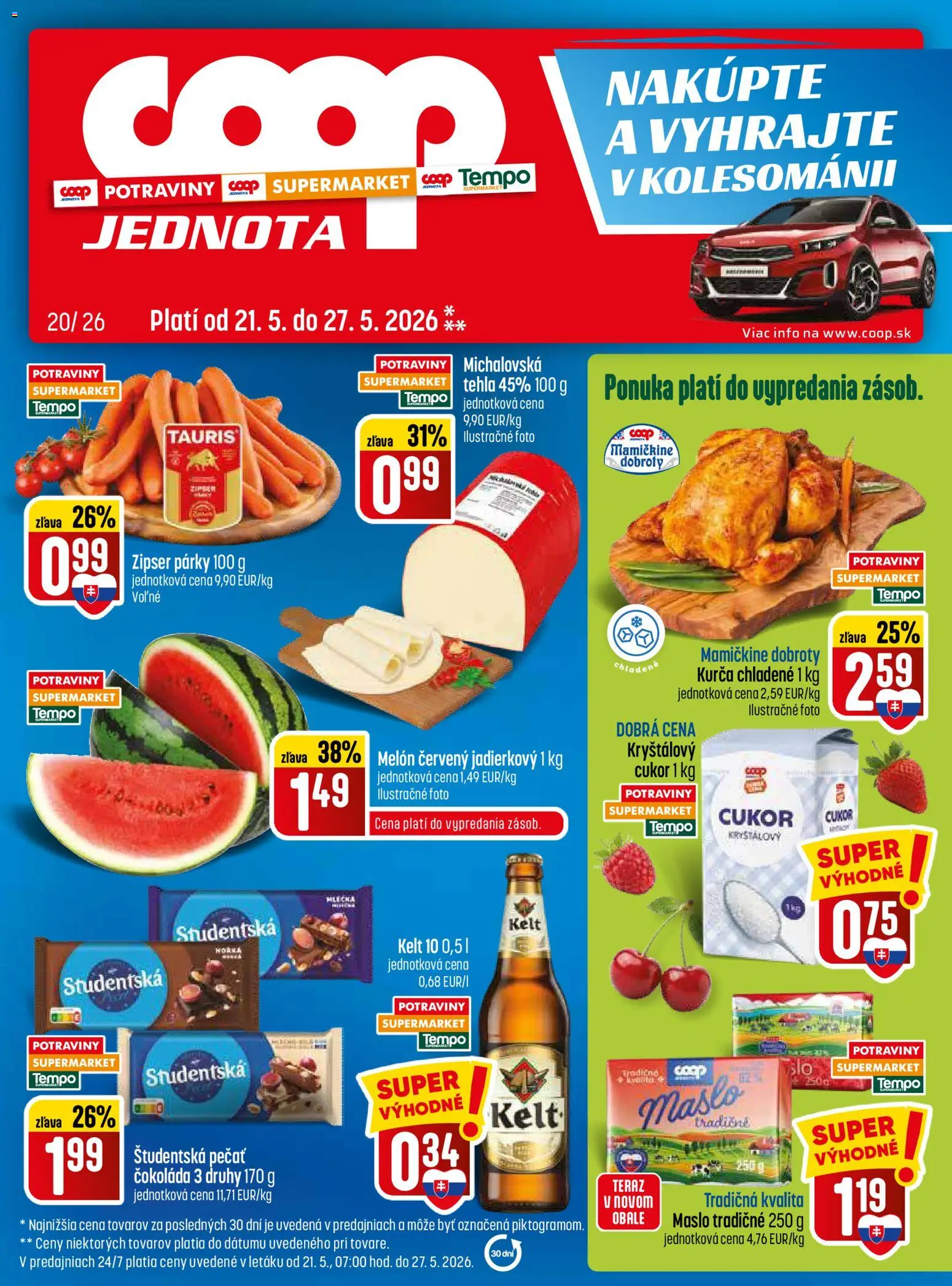 Nové COOP Jednota akcie – leták je platný od 21.05.2026 | Strana: 1 | Produkty: Kelt, Čokoláda, Študentská pečať, Párky