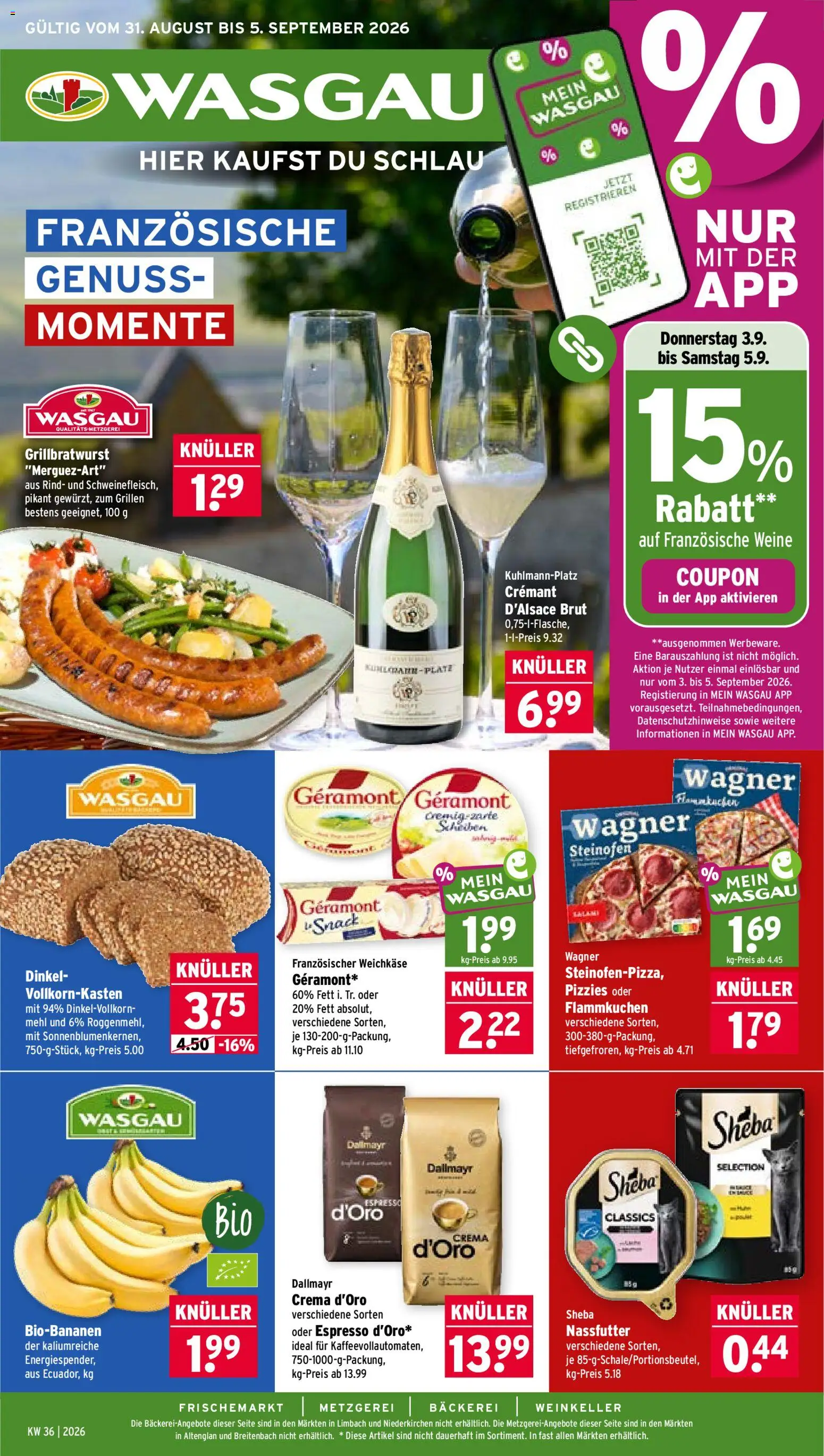 Wasgau Prospekt – gültig ab 31.08.2026 | Seite: 1 | Produkte: Geramont, Sheba, Mehl, Dallmayr