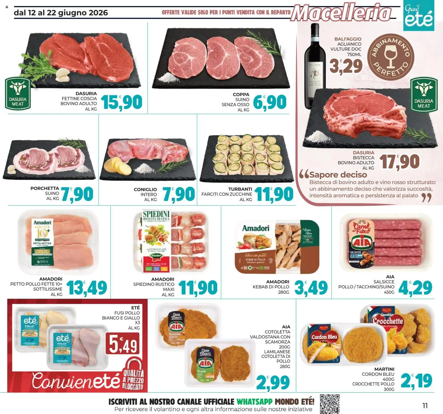Volantino Eté del 12.06.2026 | Pagina: 11 | Prodotti: Bovino, Porchetta, Vino, Spiedini