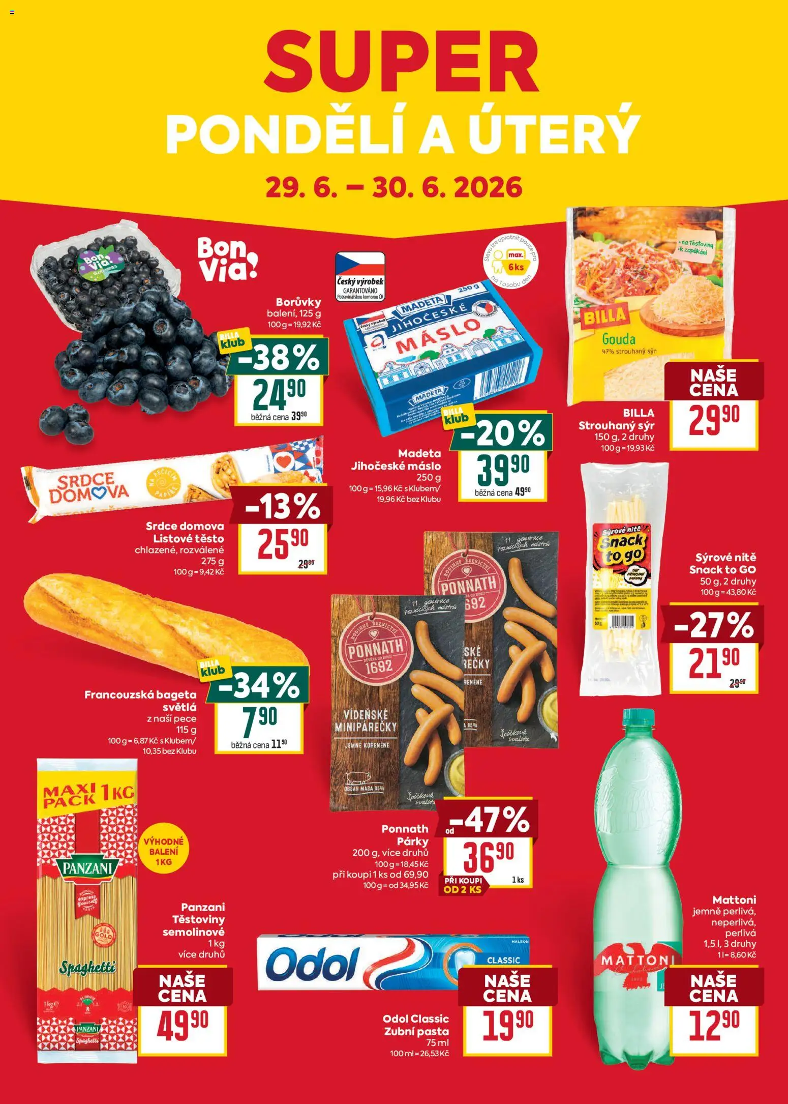 Billa Malý leták od 24.06.2026 | Strana: 8 | Produkty: Těstoviny, Borůvky, Bageta, Jihočeské máslo