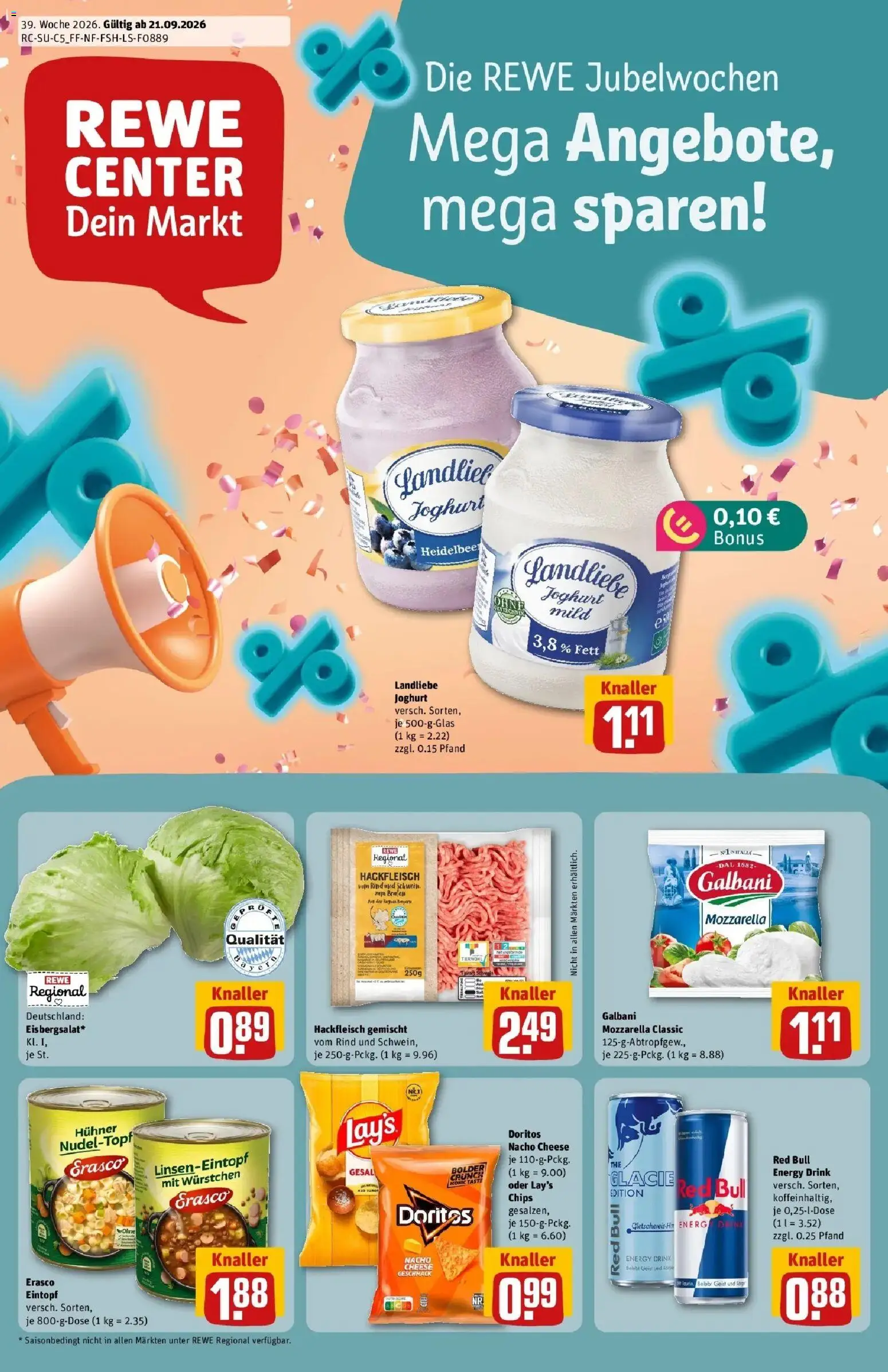 REWE Prospekt ab 21.09.2026 zum Blättern » Angebote | Seite: 1 | Produkte: Red bull, Energy, Mozzarella, Chips
