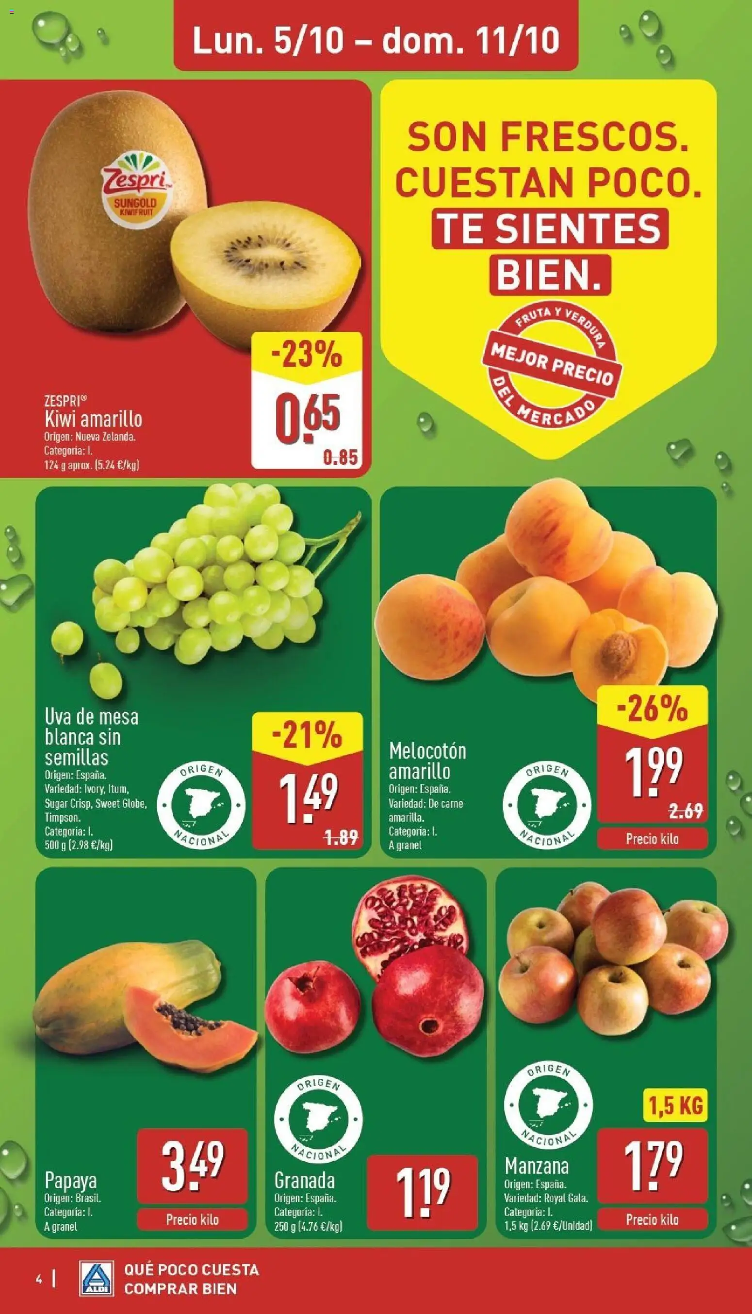 Aldi folleto Baleares │ válido desde el 05/10/2026 | Página: 4 | Productos: Manzana, Granada, Melocotón amarillo, Carne