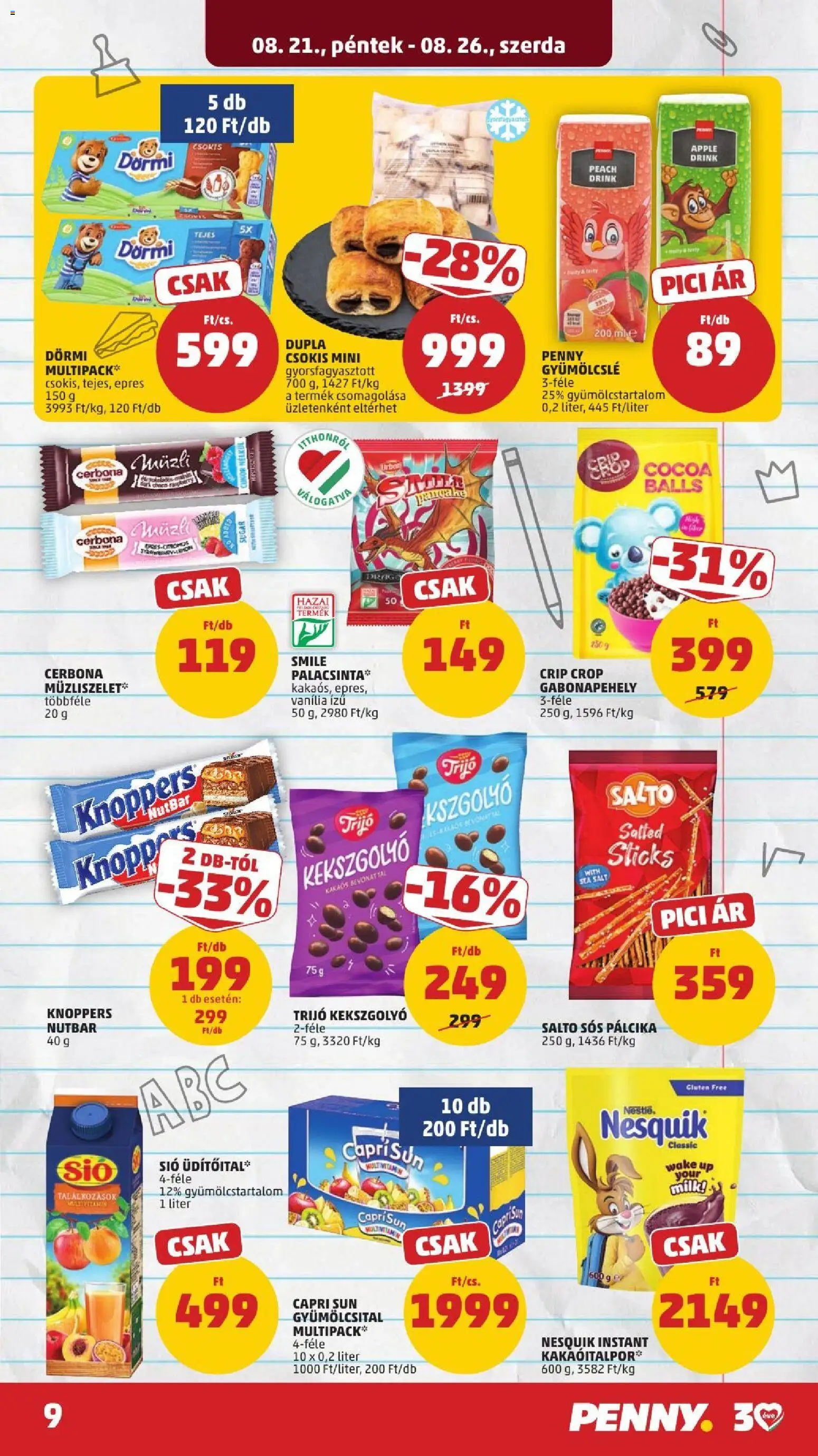PENNY akciós ujság - amely érvényes a következő dátumtól: 2026.08.21. | Oldal: 13 | Termékek: Vanília, Nesquik, Müzliszelet, Cukor
