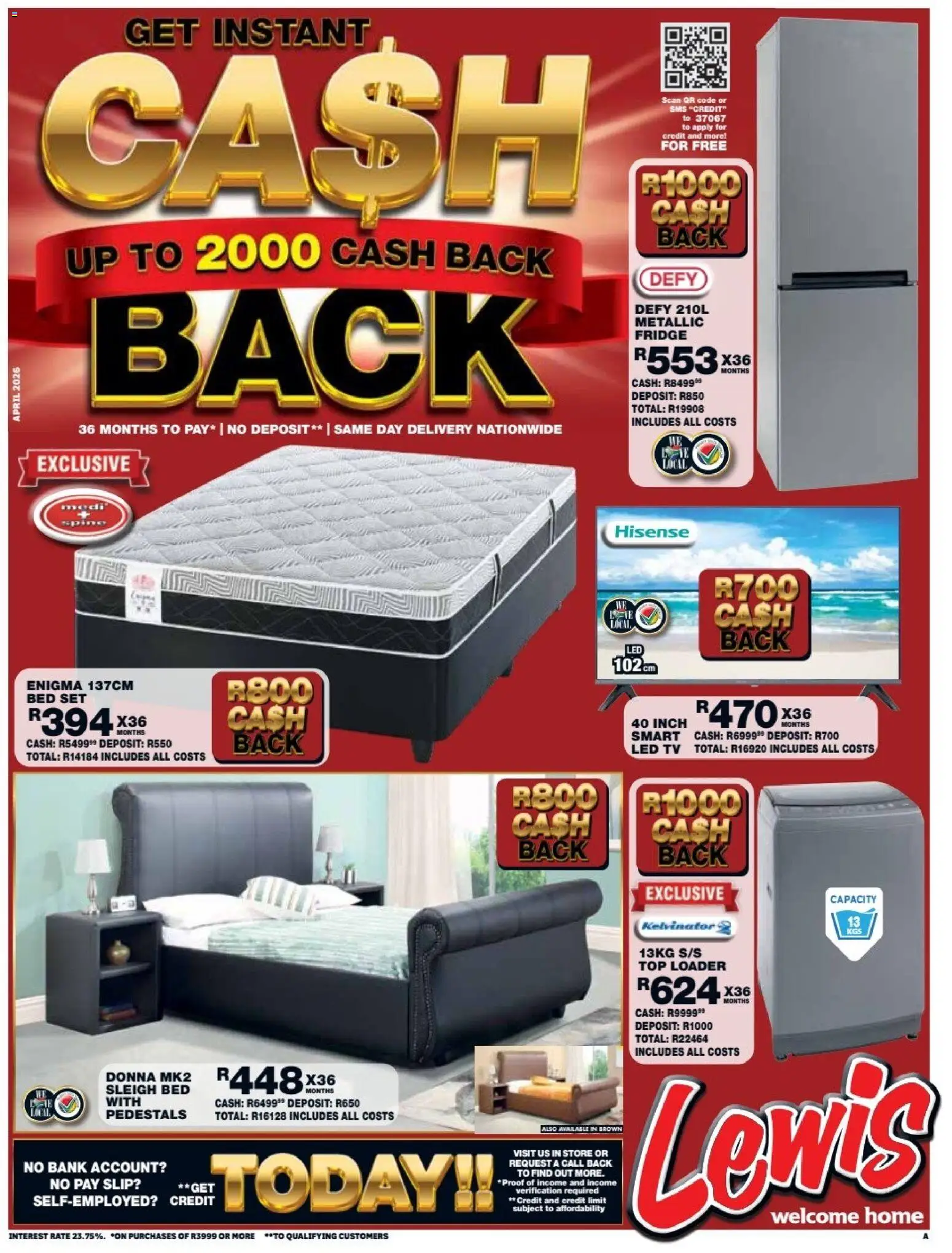 New Lewis Stores catalogue – valid from 13.04.2026 | Page: 1 | Products: Bed, TV, Fridge
