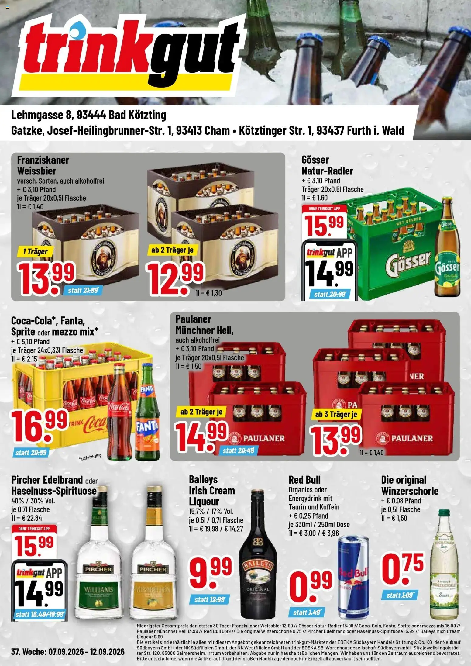Trinkgut Prospekt Cham (ab 07.09.2026) » Angebote online | Seite: 1 | Produkte: Red bull, Sprite, Baileys, Paulaner