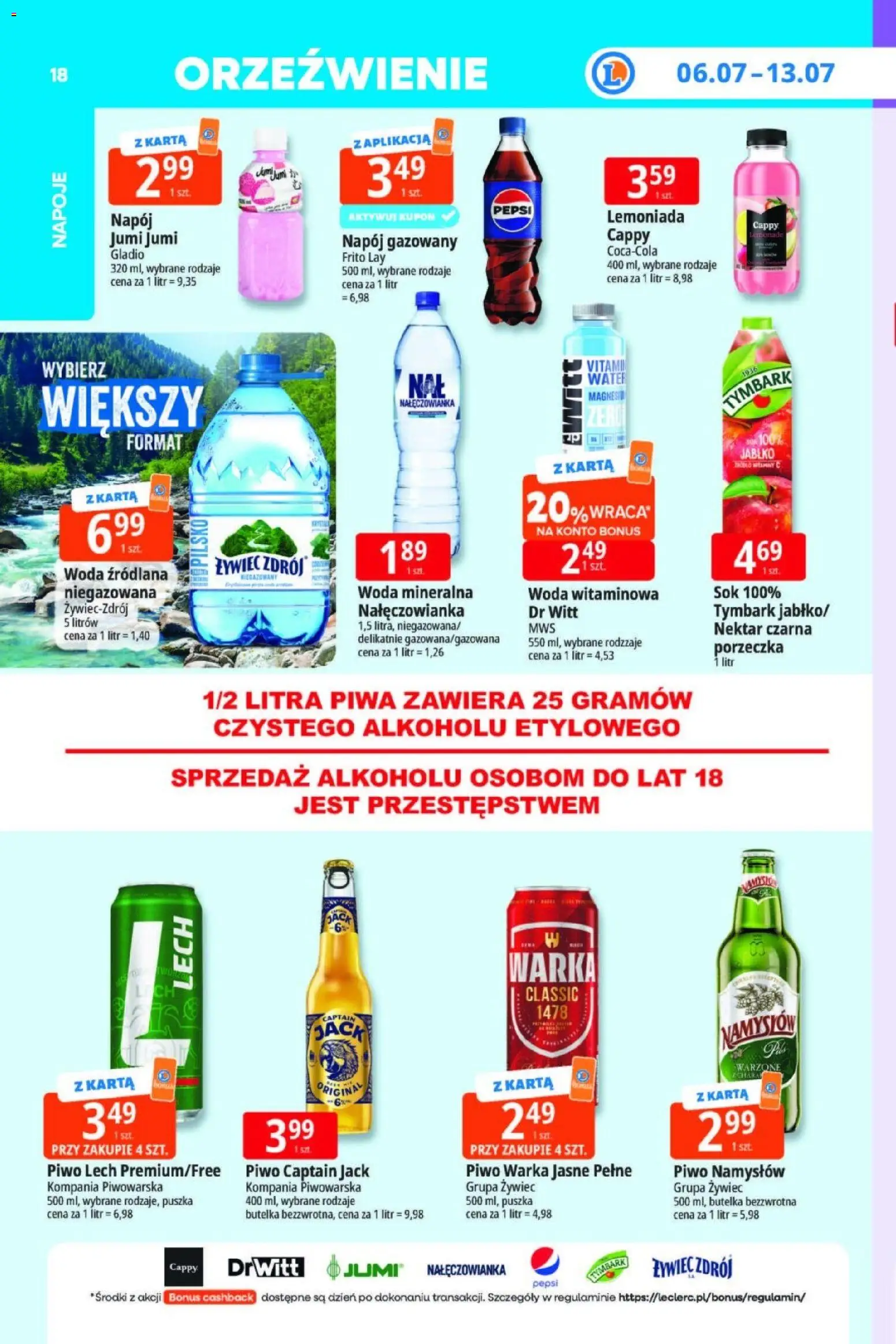 E.Leclerc gazetka od 06.07.2026 | Strona: 18 | Produkty: Karta, Woda źródlana, Porzeczka, Piwo Warka