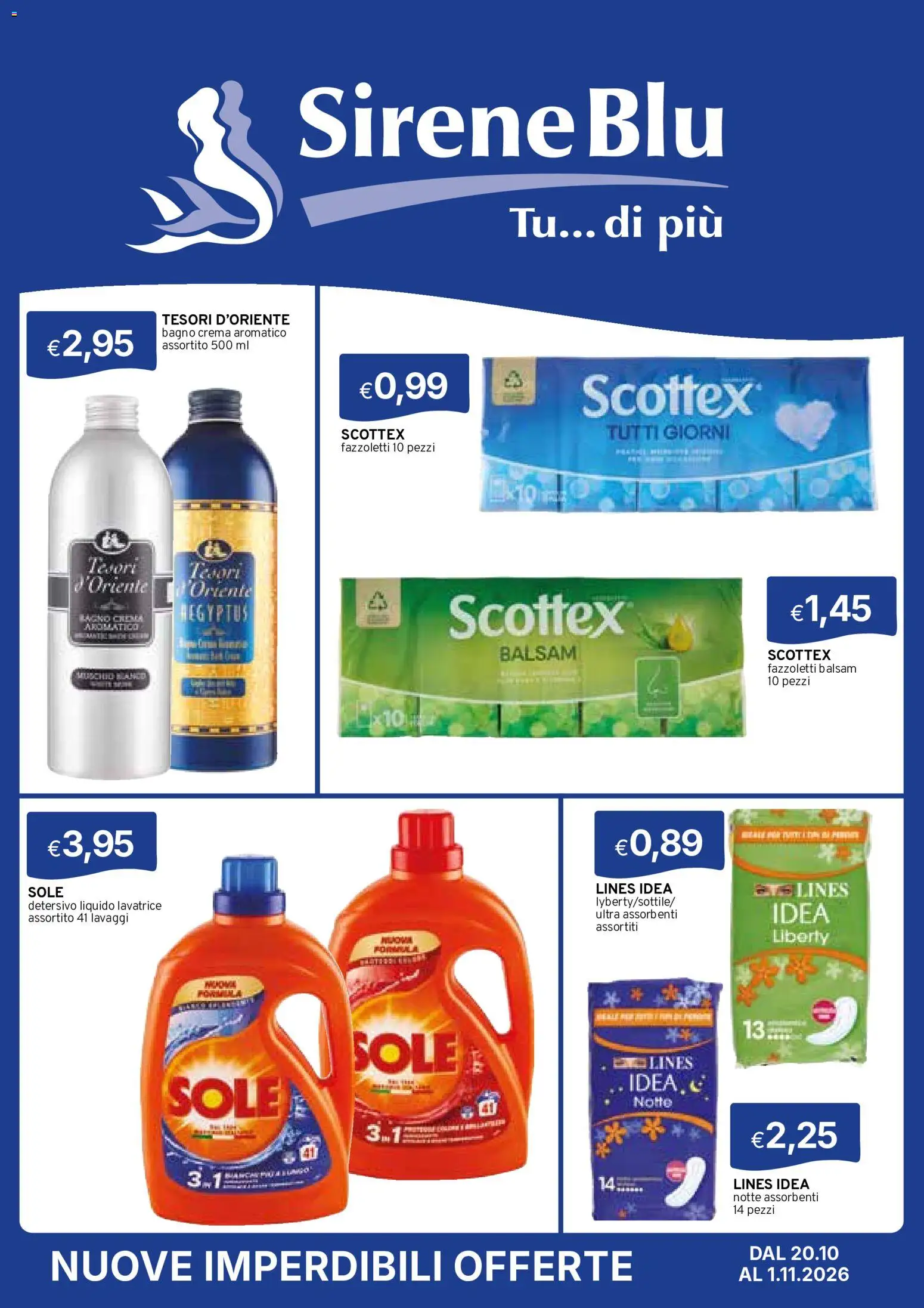 Volantino Sirene Blu del 20/10/2026 | Pagina: 1 | Prodotti: Crema, Fazzoletti, Lavatrice, Bagno