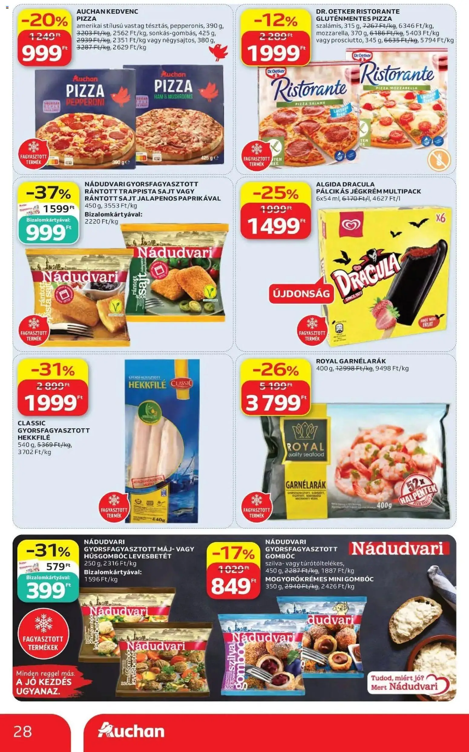 Auchan akciós újság Szolnok - 2026.10.08. -tól/töl > akció, lapozható szórólap 🛍️ | Oldal: 28 | Termékek: Seafood, Jalapenos, Gluténmentes pizza, Garnélarák