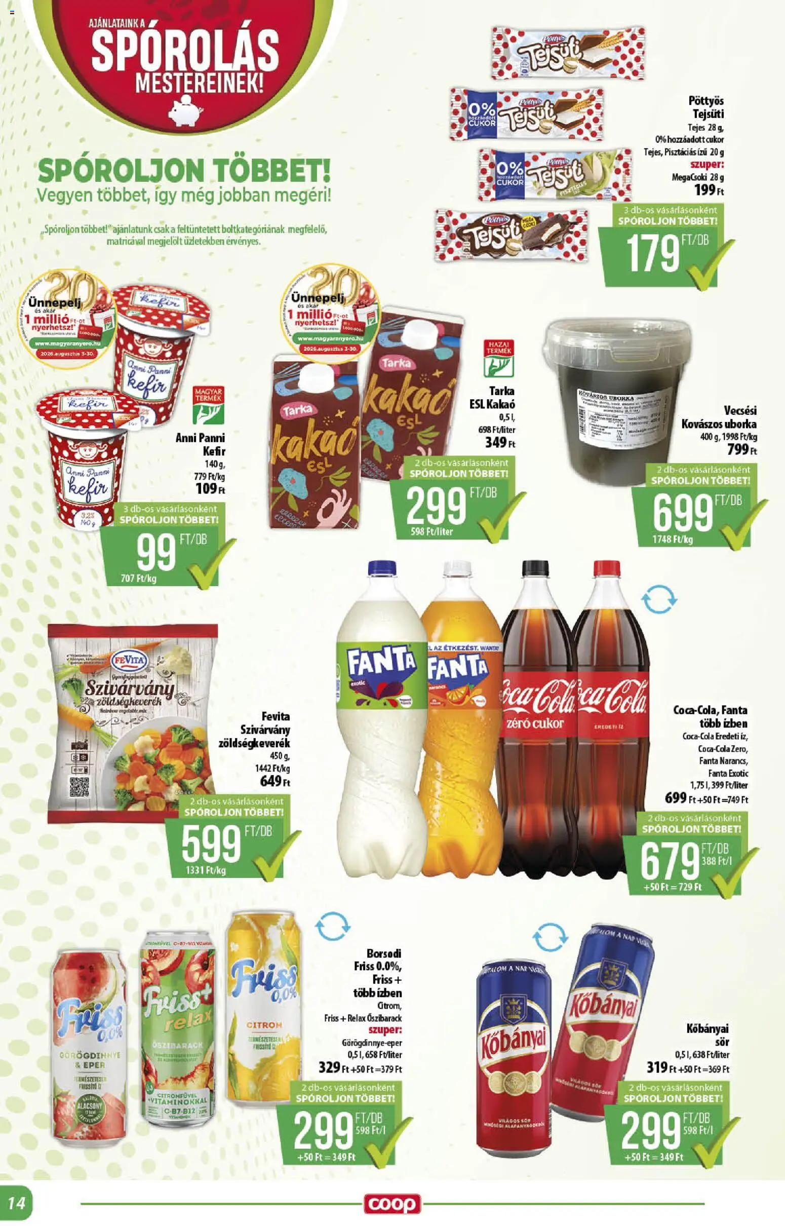COOP akciós ujság - amely érvényes a következő dátumtól: 2026.08.13. | Oldal: 14 | Termékek: Zöldségkeverék, Kefir, Kakaó, Sör