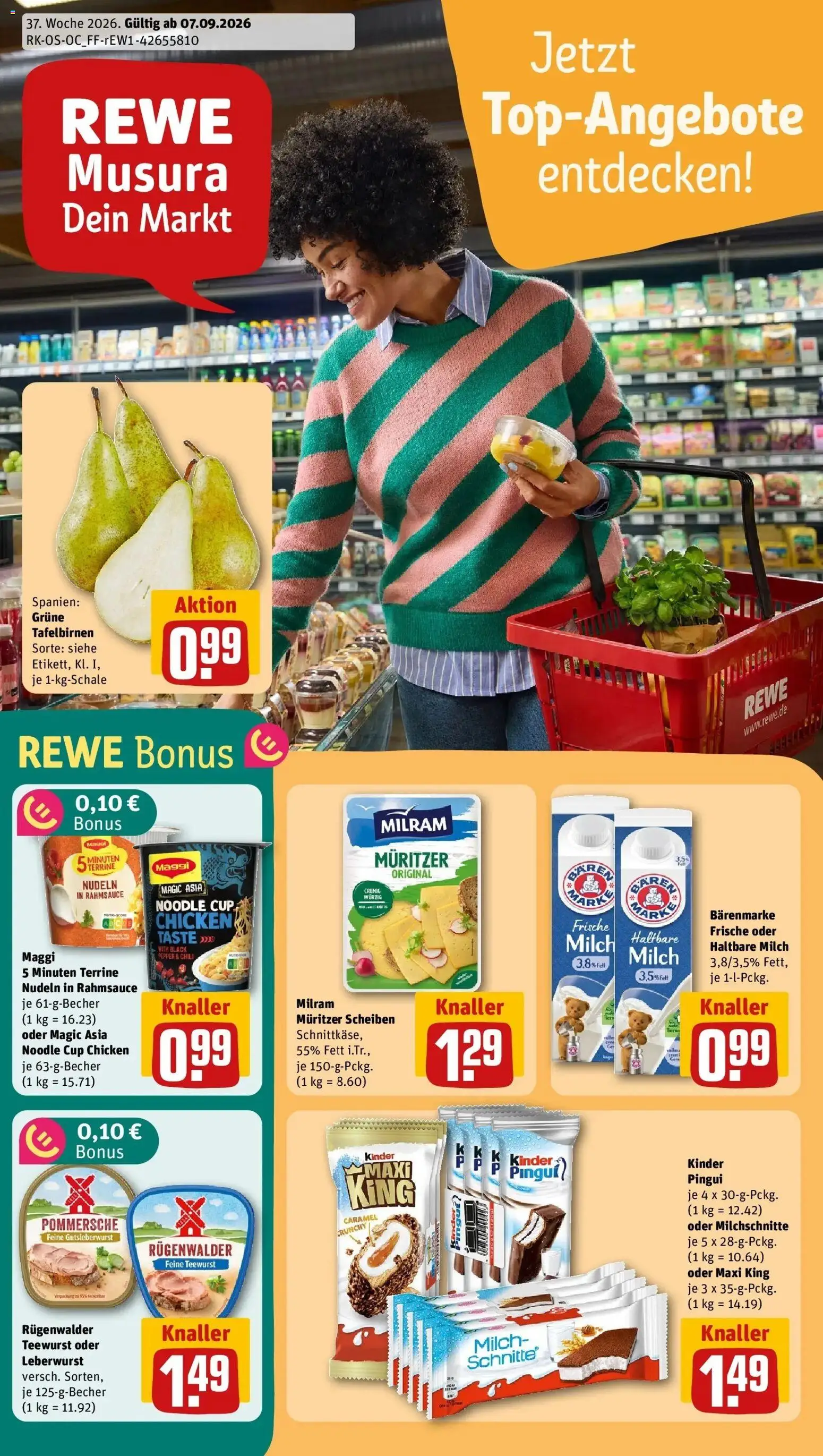 REWE Prospekt ab 07.09.2026 zum Blättern » Angebote | Seite: 1 | Produkte: Milch, Haltbare milch, Milram, Nudeln