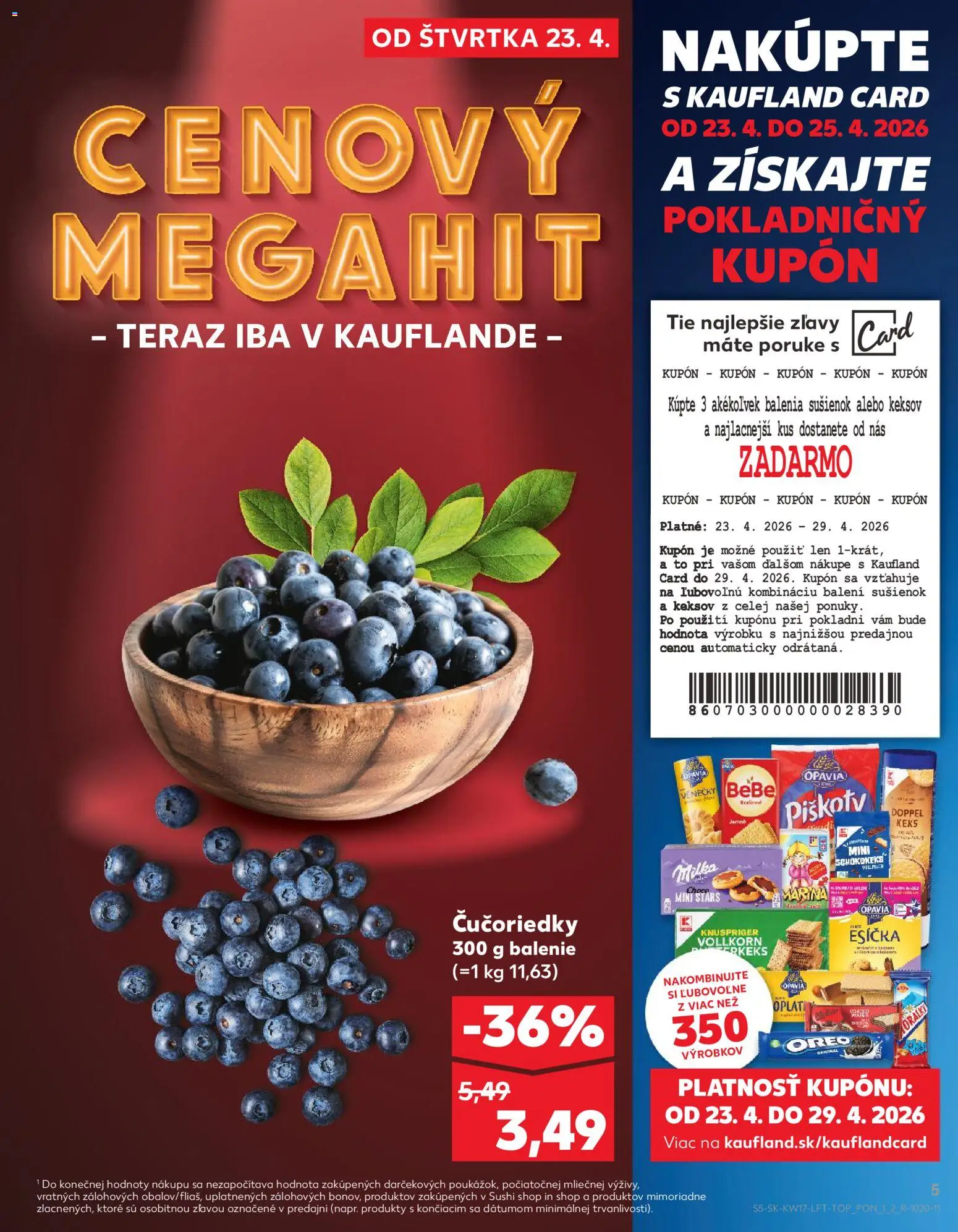 Nové Kaufland akcie – leták je platný od 23.04.2026 | Strana: 5 | Produkty: Čučoriedky, Sushi, Milka