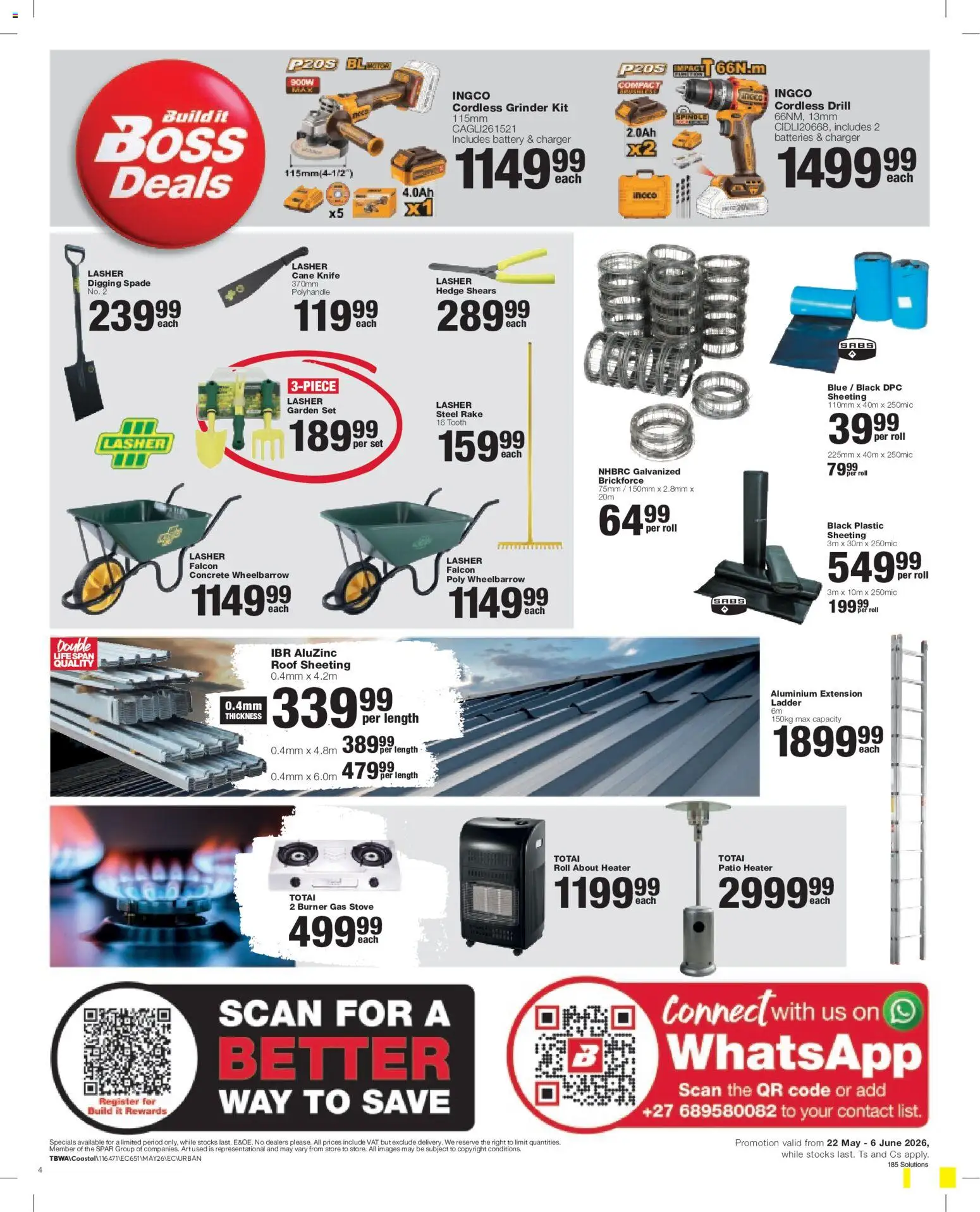 New Build It catalogue – valid from 22.05.2026 | Page: 4 | Products: Drill, Heater, Wheelbarrow, Spade